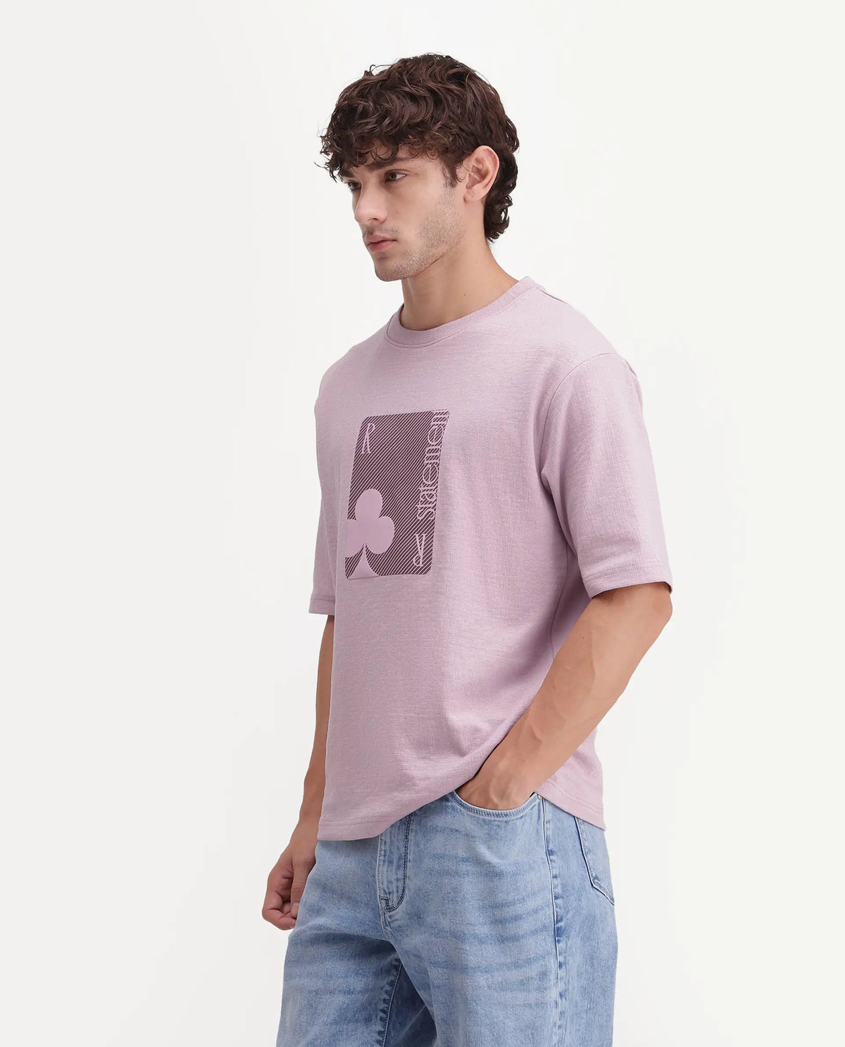 Rare Rabbit Men's Auve Light Pink Cotton Blend Crew Neck Relaxed Graphic Print T-Shirt