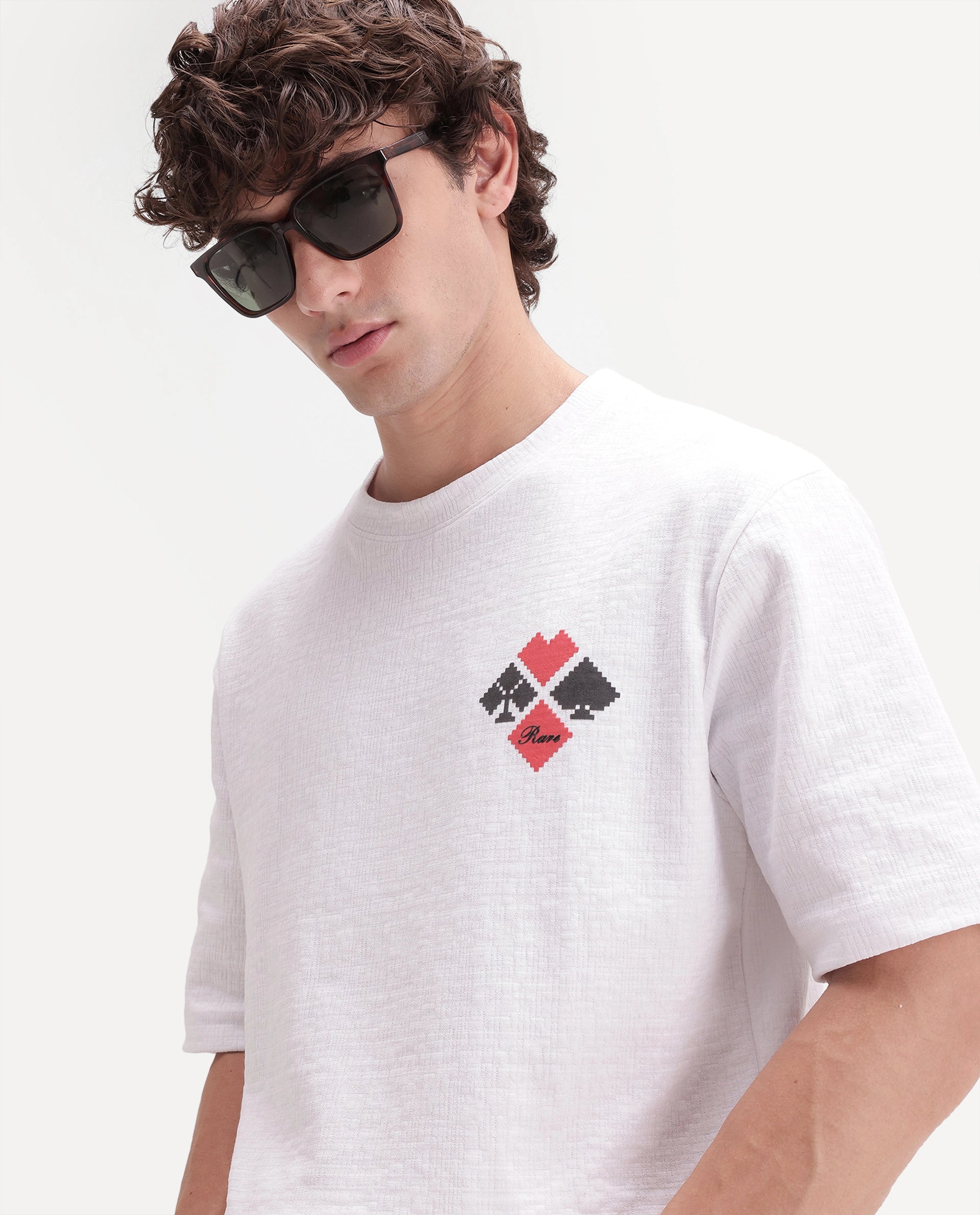 Rare Rabbit Men's Digon Off White Cotton Blend Crew Neck Regular Graphic Print T-Shirt