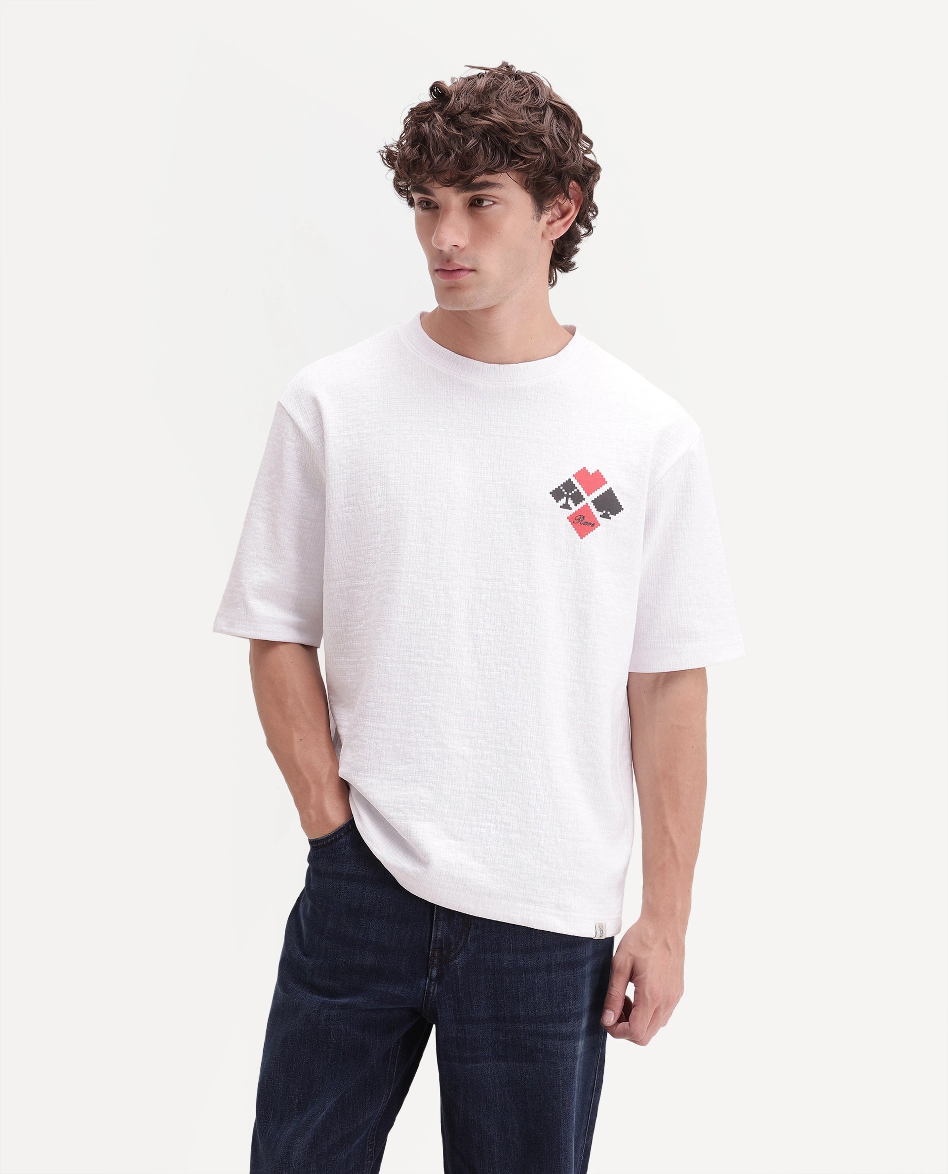 Rare Rabbit Men's Digon Off White Cotton Blend Crew Neck Regular Graphic Print T-Shirt