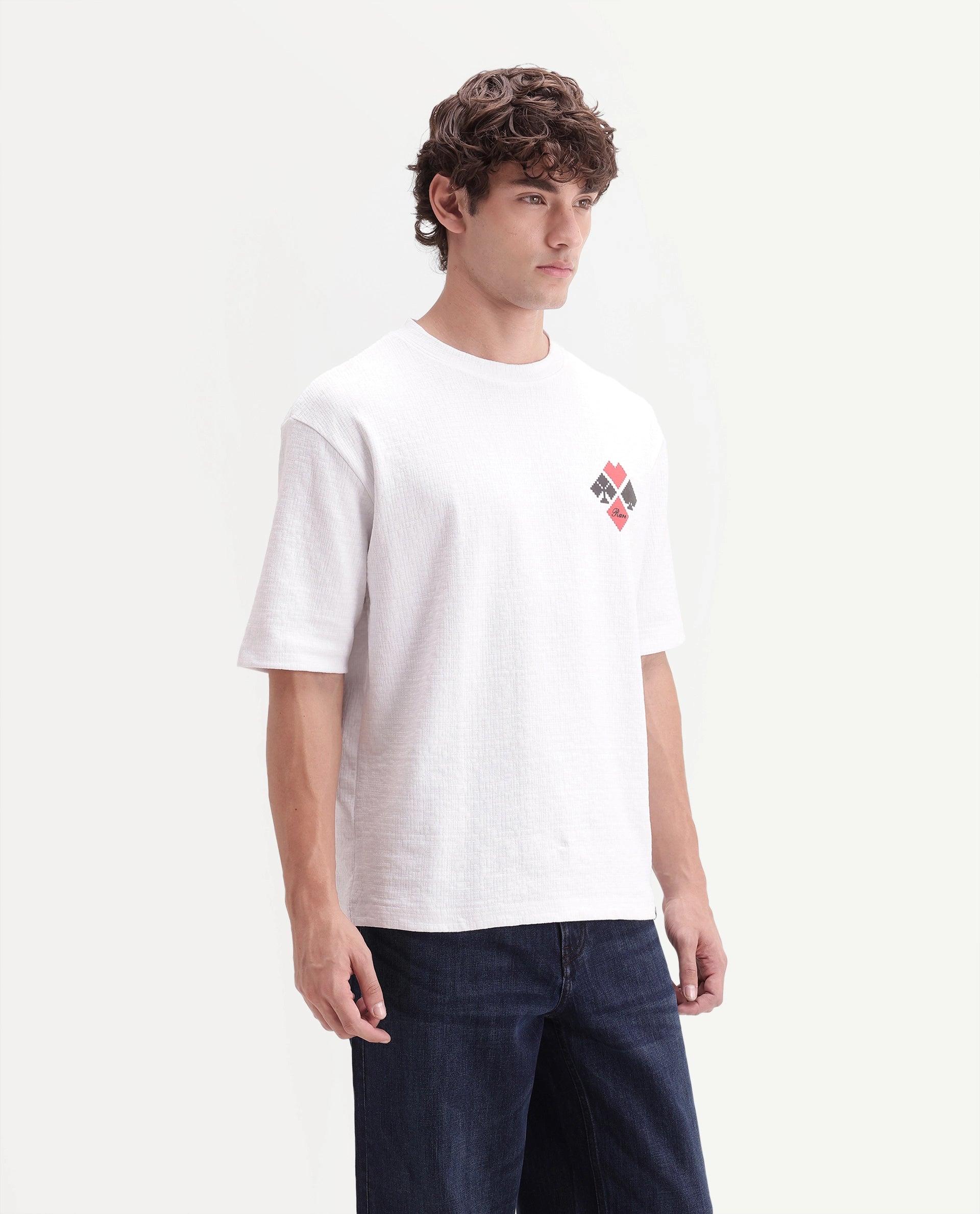 Rare Rabbit Men's Digon Off White Cotton Blend Crew Neck Regular Graphic Print T-Shirt