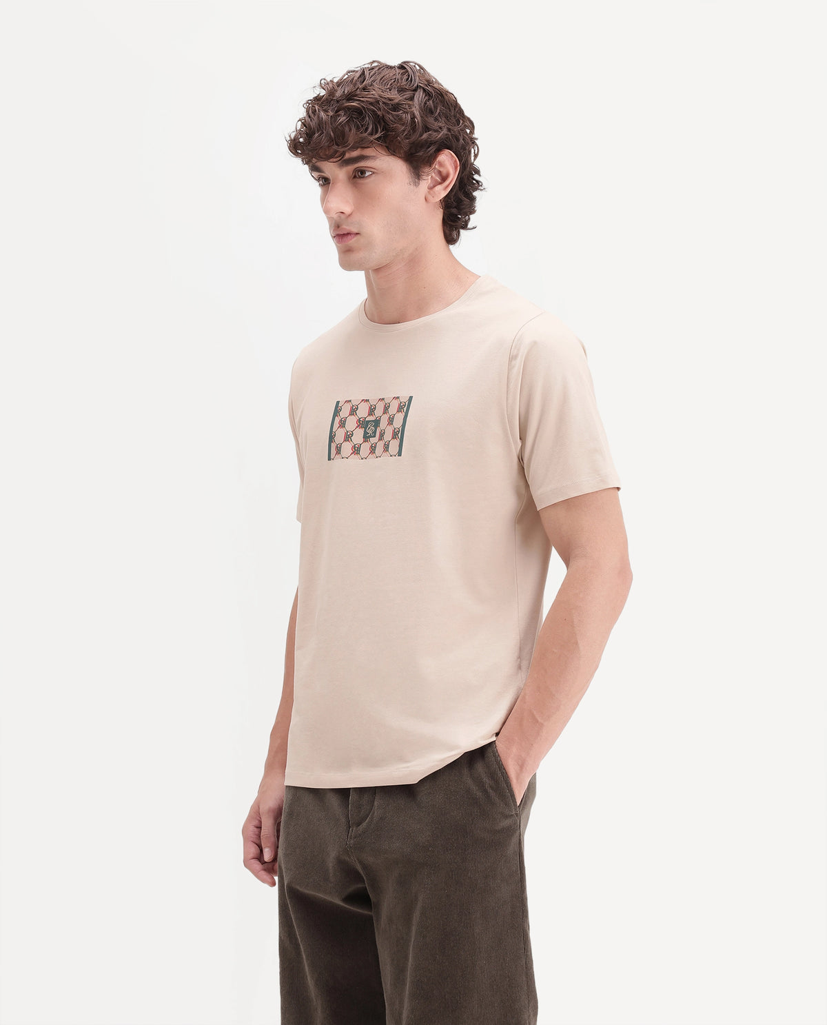 Rare Rabbit Men's Eze Light Beige Cotton Blend Crew Neck Regular Monogram Print T-Shirt
