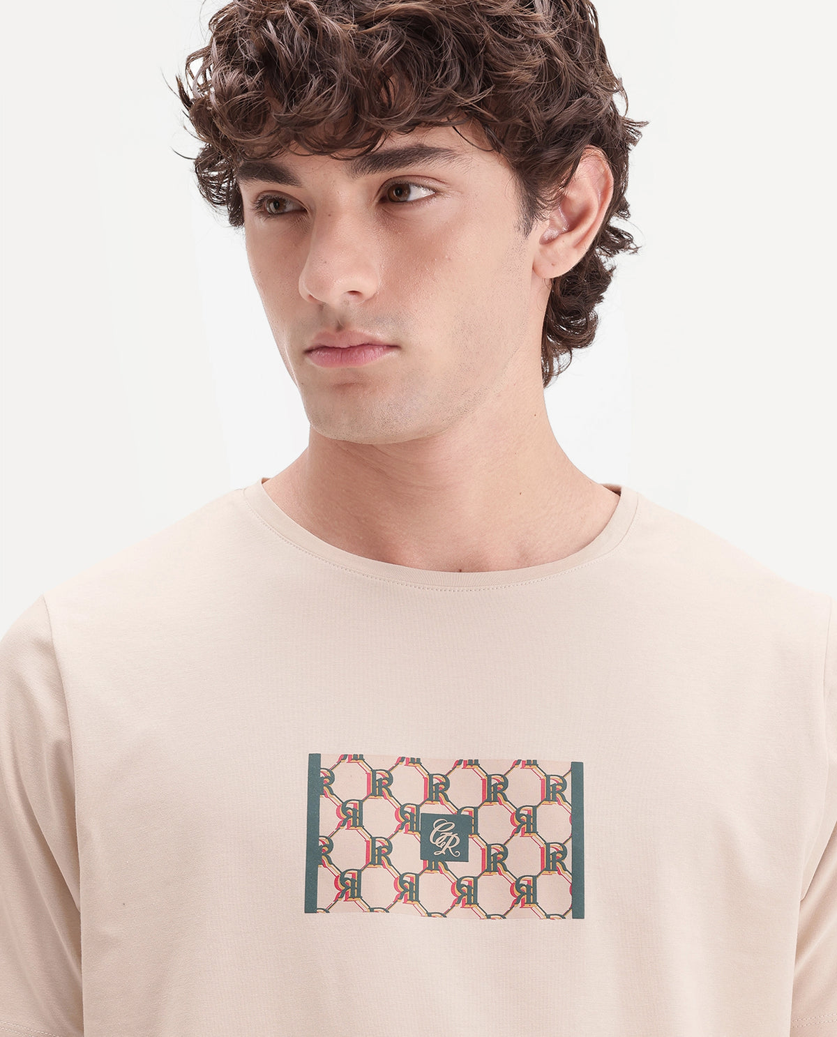 Rare Rabbit Men's Eze Light Beige Cotton Blend Crew Neck Regular Monogram Print T-Shirt