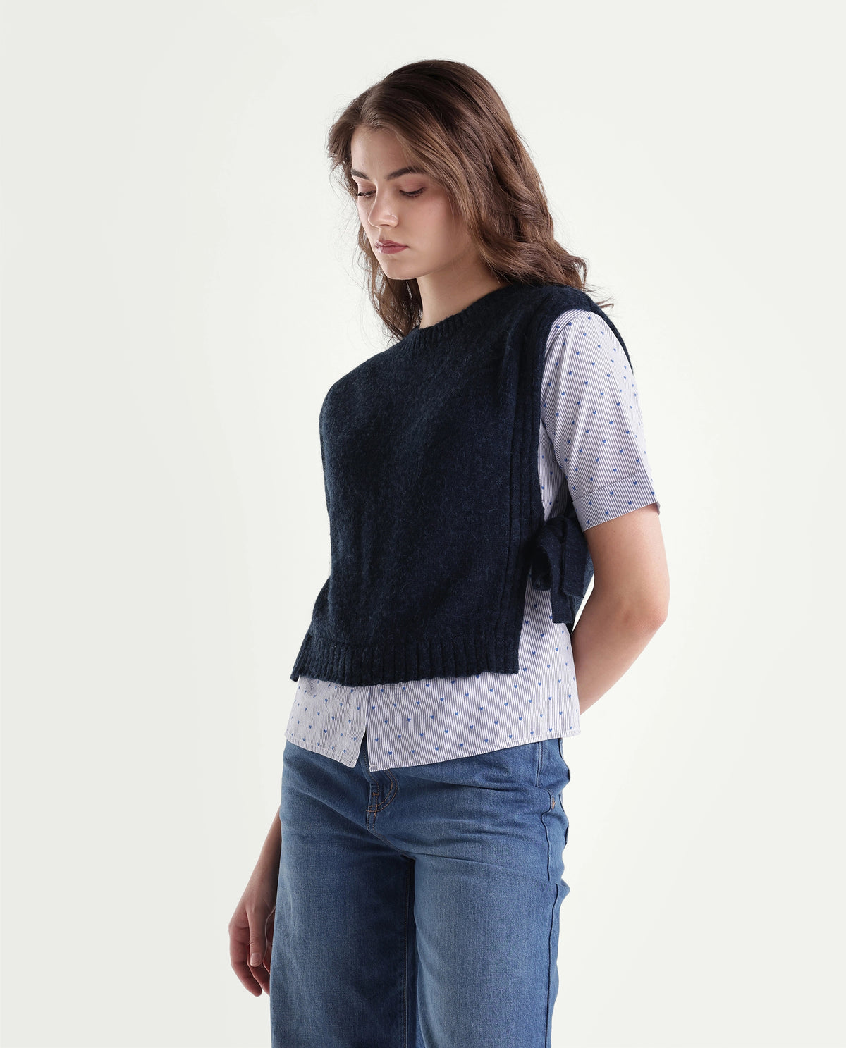 Rareism Women's Liro Primary Navy Acrylic Blend Crew Neck Regular Striped Top