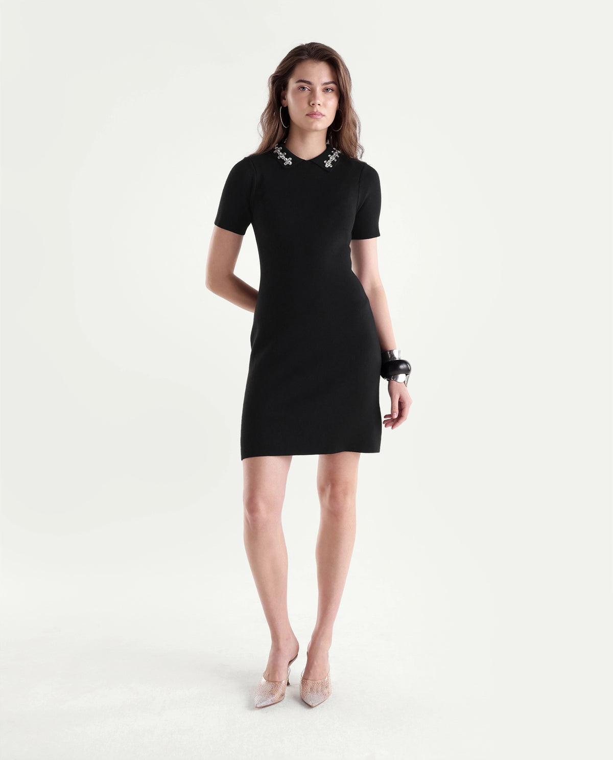 Rareism Women's Less Primary Black Viscose Blend Spread Collar Fitted Plain Dress
