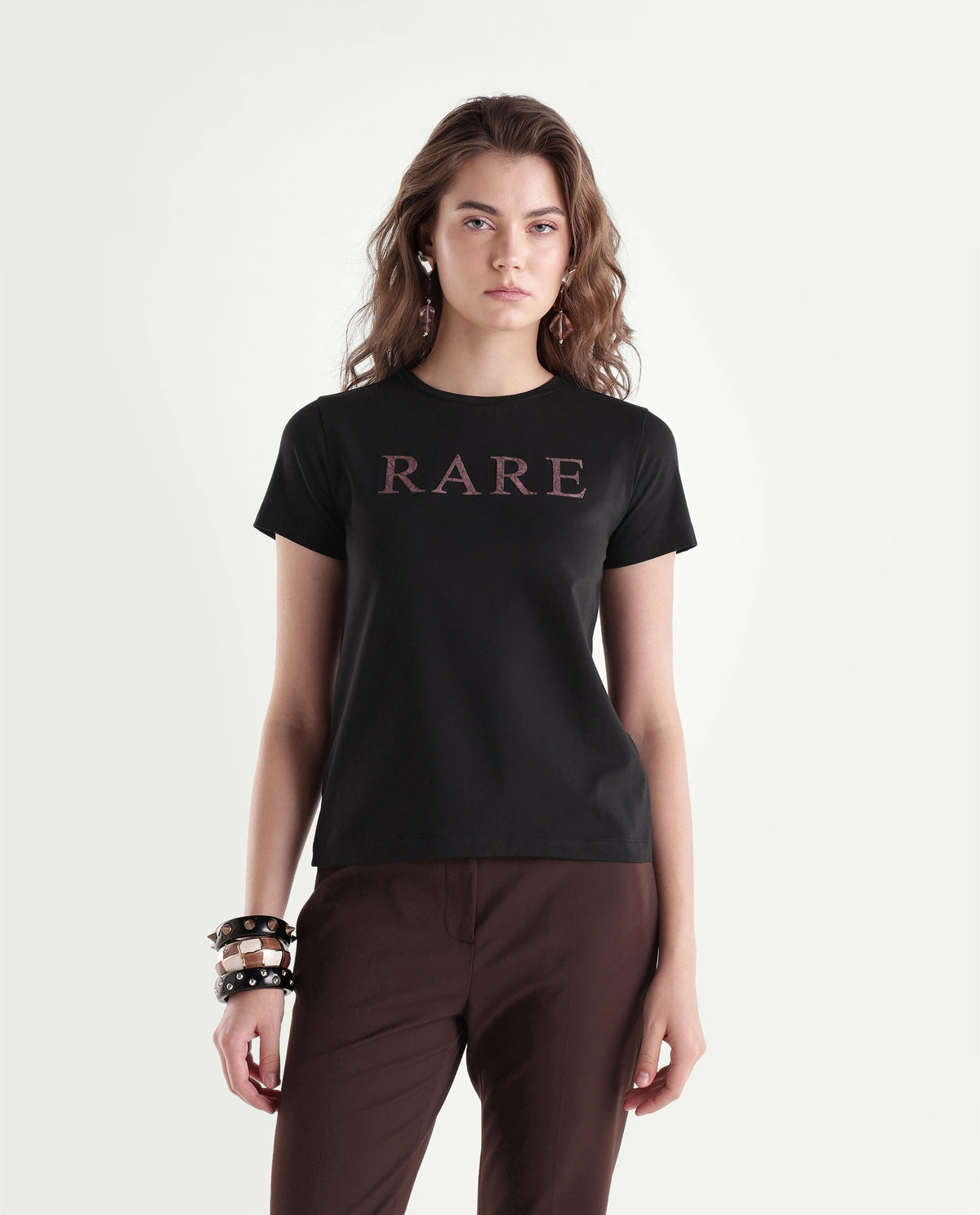 Rareism Women's Pemo Primary Black Cotton Blend Crew Neck Regular Typography Print T-Shirt