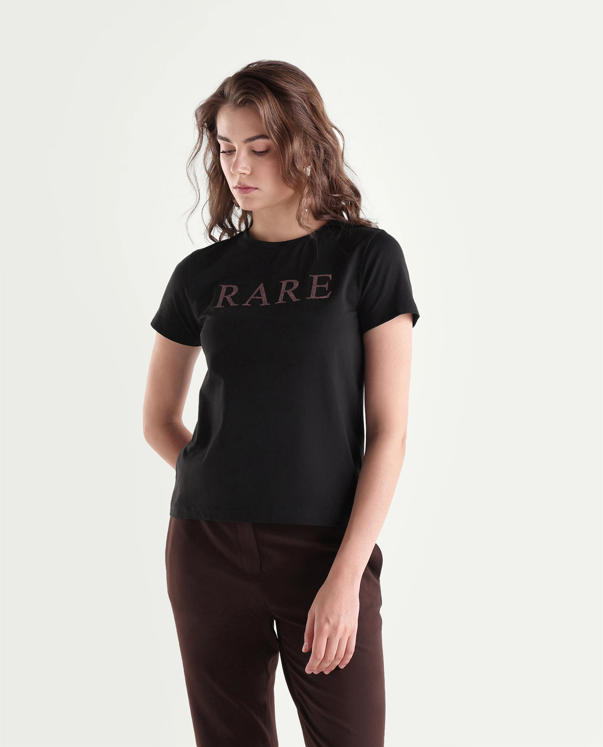 Rareism Women's Pemo Primary Black Cotton Blend Crew Neck Regular Typography Print T-Shirt