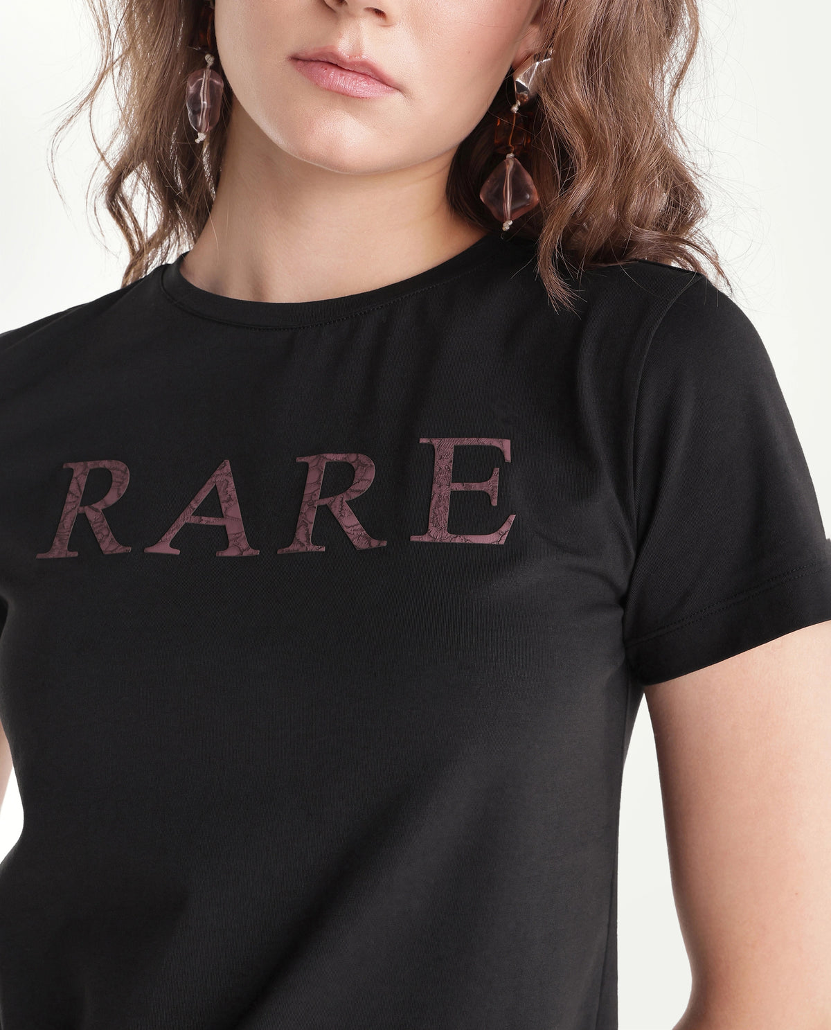 Rareism Women's Pemo Primary Black Cotton Blend Crew Neck Regular Typography Print T-Shirt