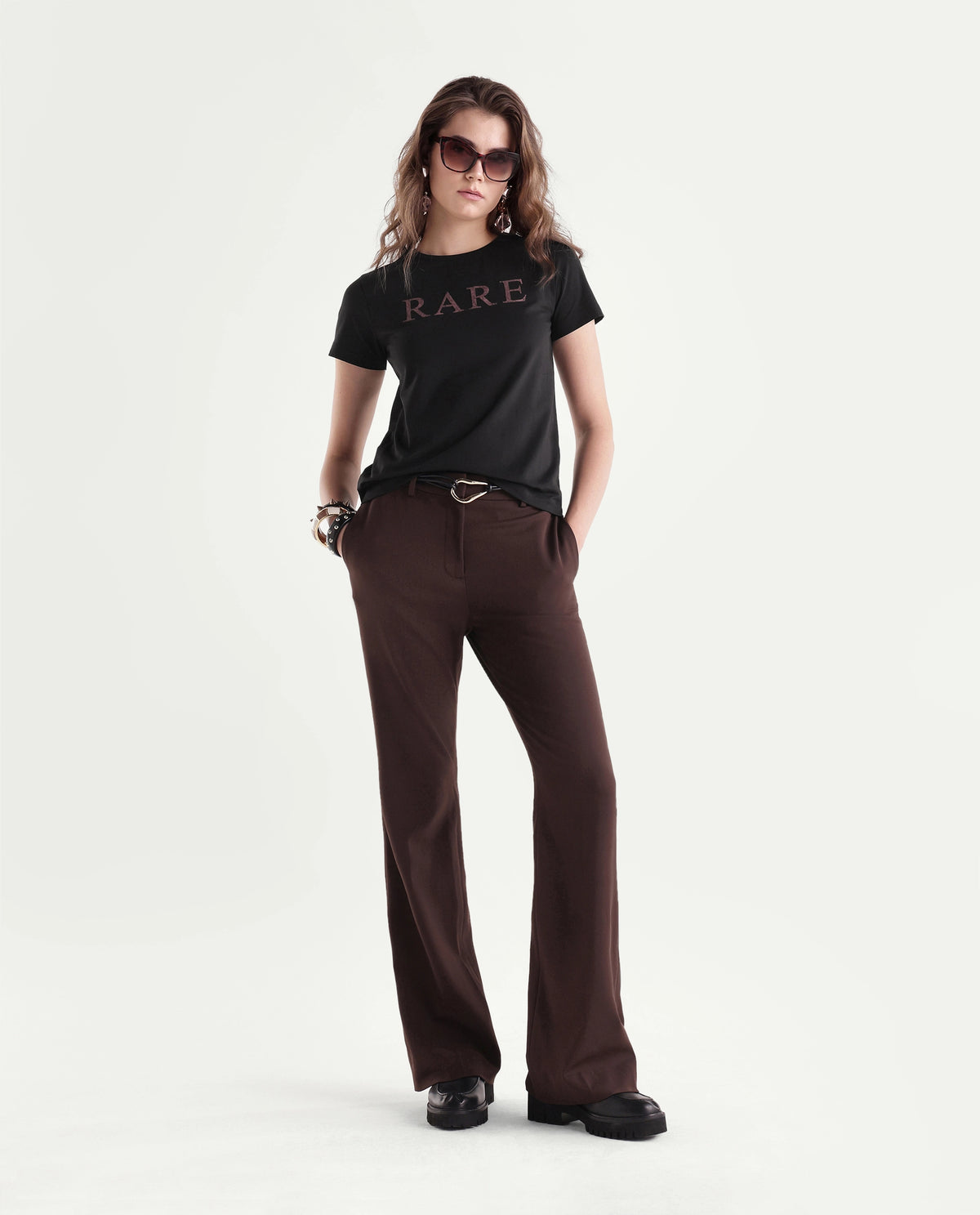 Rareism Women's Pemo Primary Black Cotton Blend Crew Neck Regular Typography Print T-Shirt