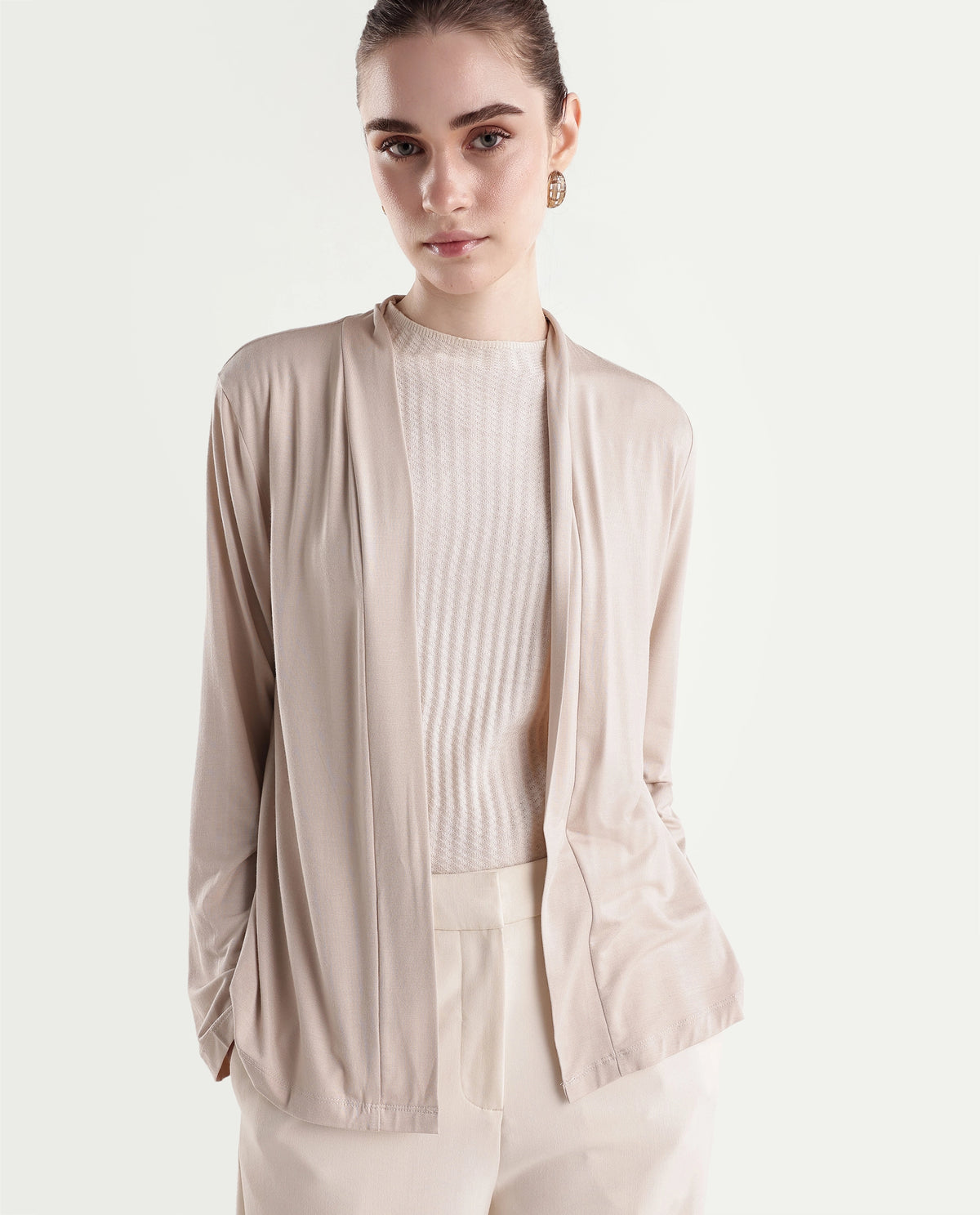 Rareism Women's Pommy Beige Modal Blend Collarless Regular Fit Plain Shrug - image 1