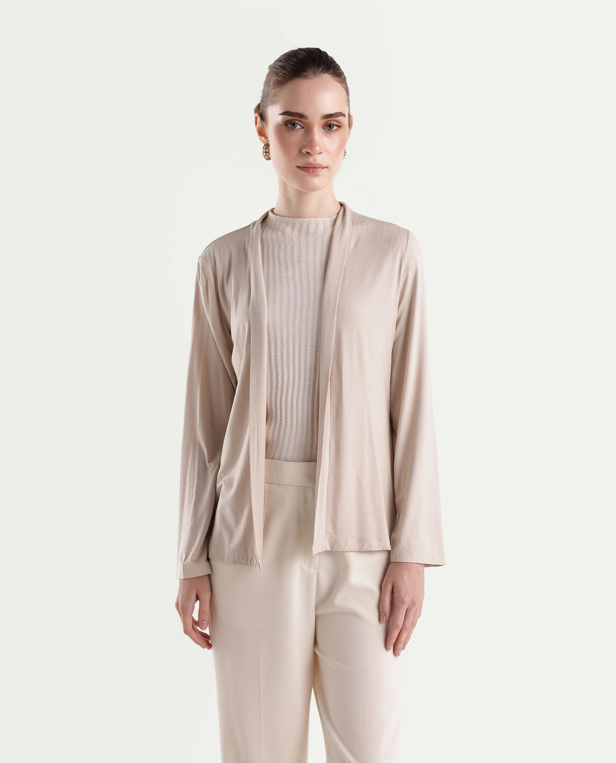 Rareism Women's Pommy Beige Modal Blend Collarless Regular Fit Plain Shrug - image 6