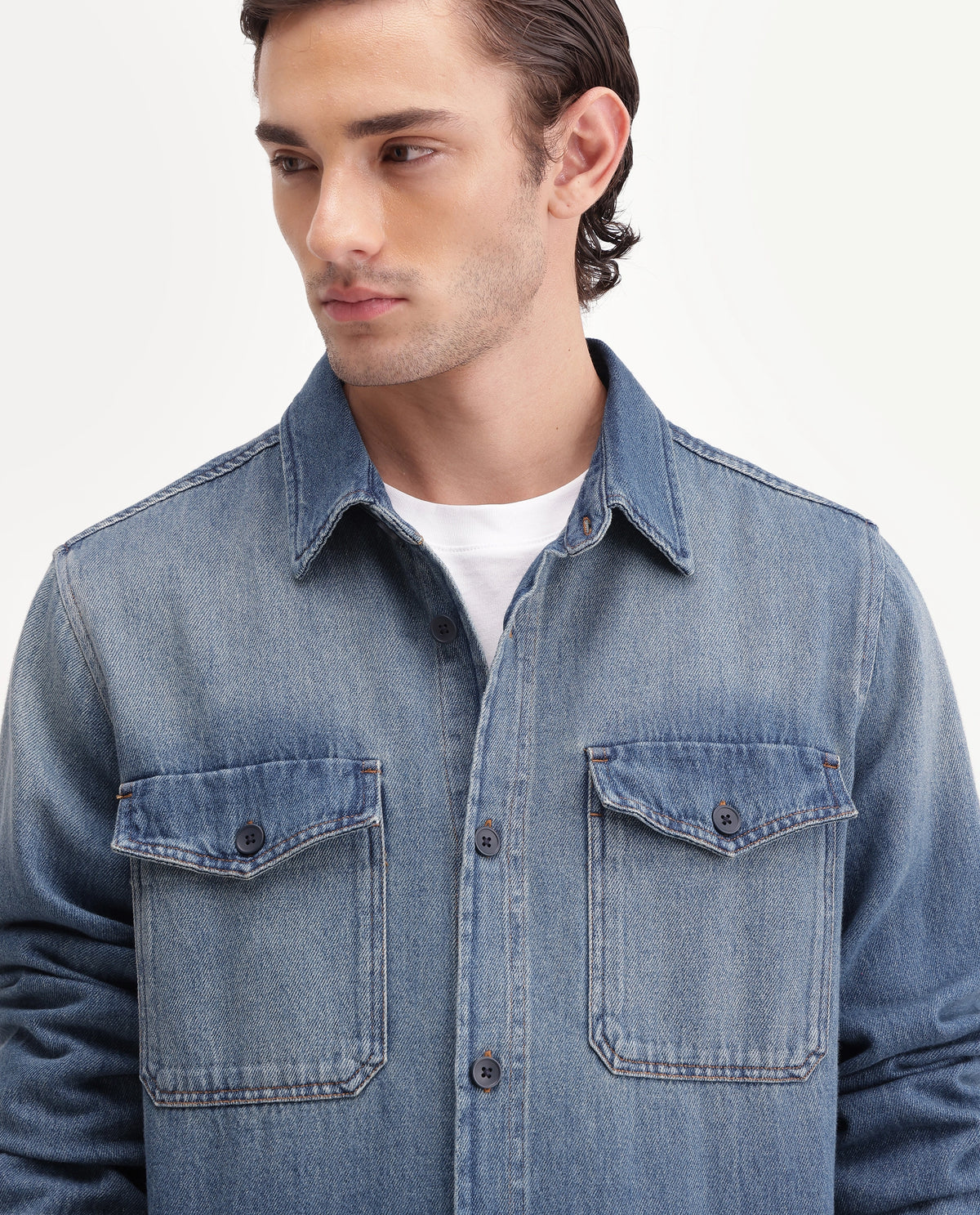 Rare Rabbit Men's Rong Primary Blue Cotton Spread Collar Regular Plain Shacket