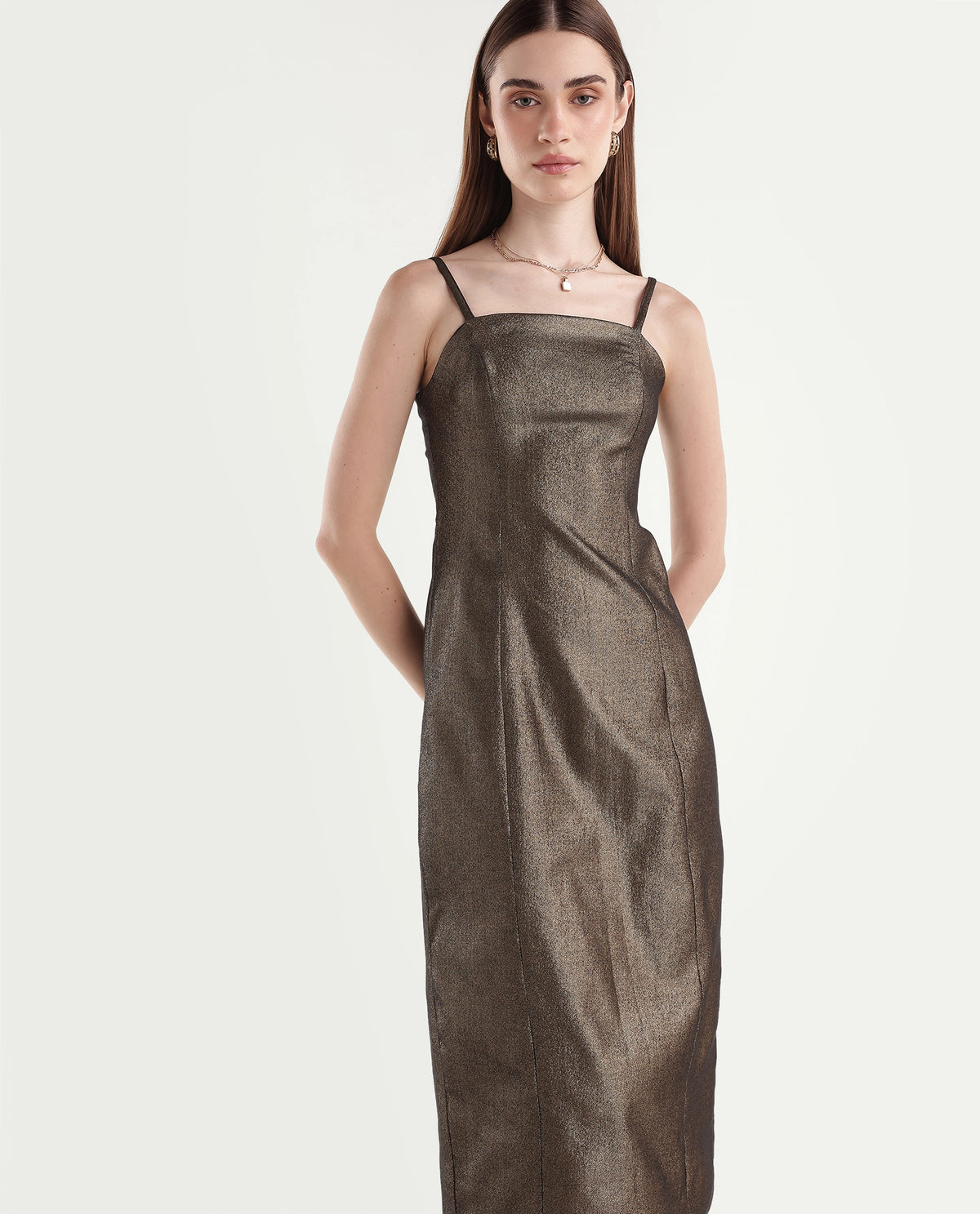 Rareism Women's Xoam Gold Polyester Blend Tube Neck Sheath Jacquard Dress - image 4