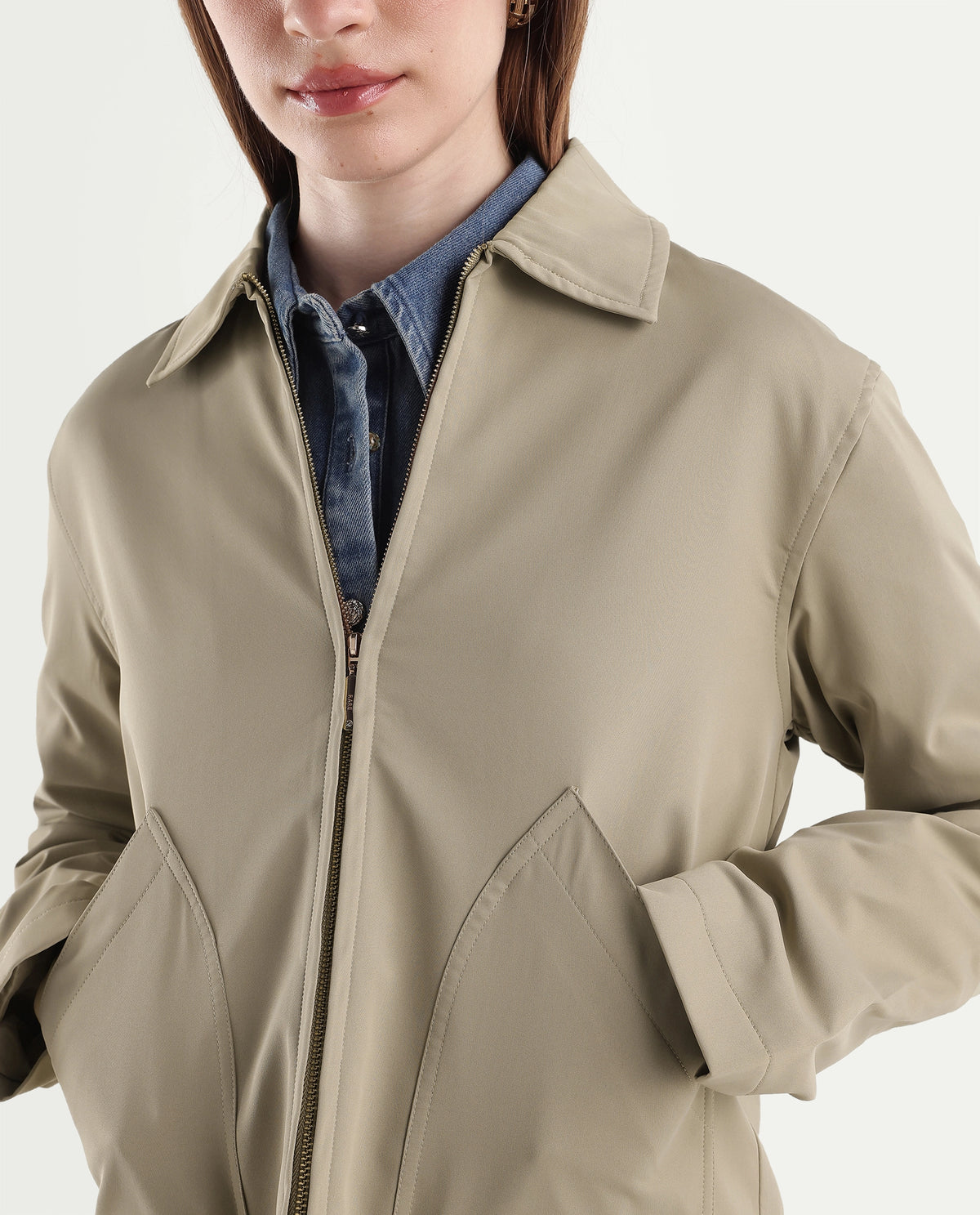 Rareism Women's Kru Beige Polyester Spread Collar Zipper Regular Plain Jacket - image 3