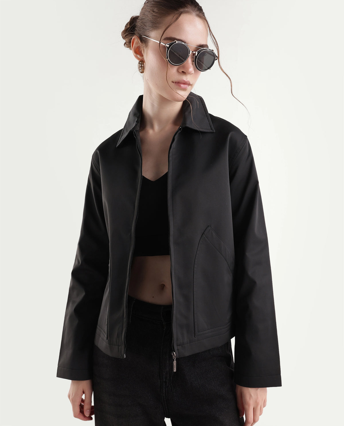 Rareism Women's Kru Black Polyester Spread Collar Zipper Regular Plain Jacket - image 1