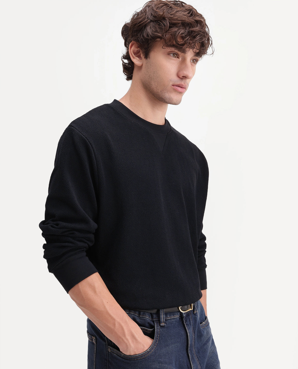 Rare Rabbit Men's Yargi Black Cotton Blend Crew Neck Regular Jacquard Sweatshirt