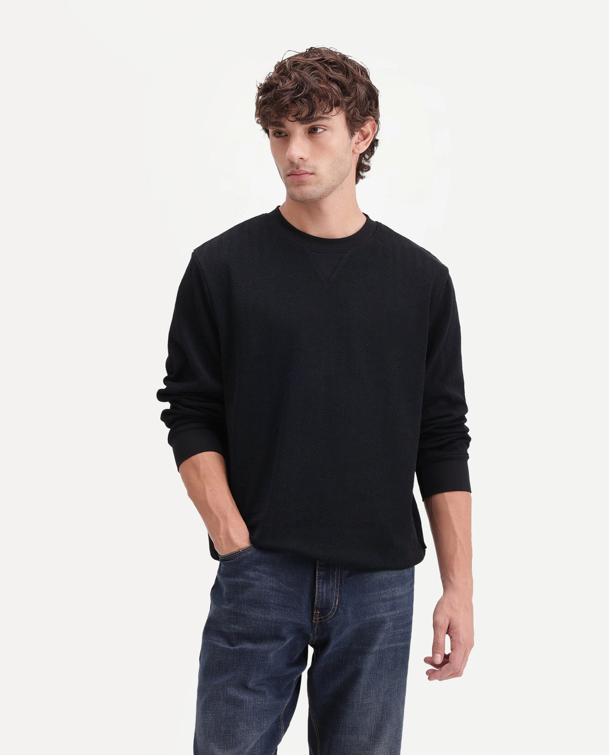 Rare Rabbit Men's Yargi Black Cotton Blend Crew Neck Regular Jacquard Sweatshirt