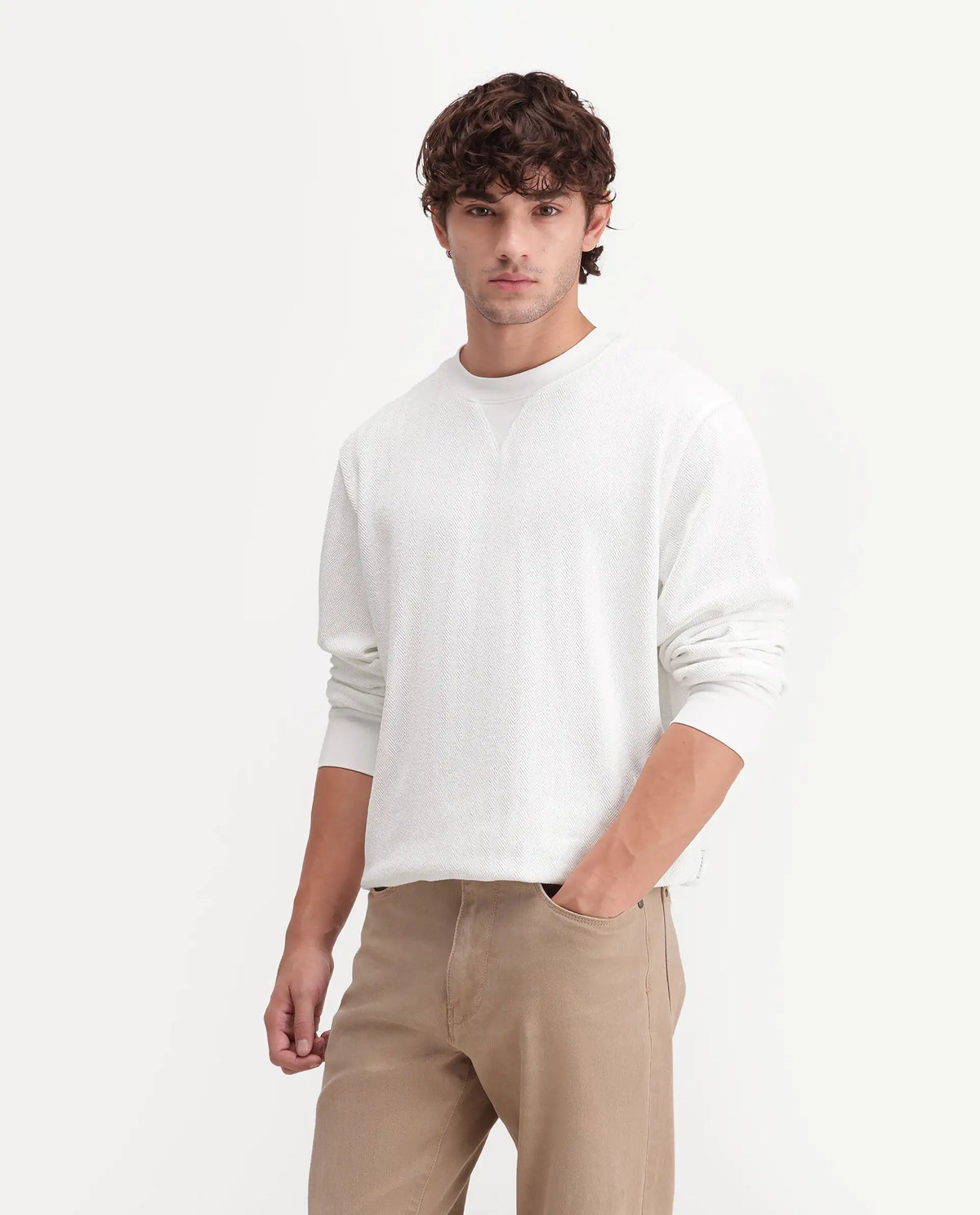 Rare Rabbit Men's Yargi Primary Off White Cotton Blend Crew Neck Regular Jacquard Sweatshirt
