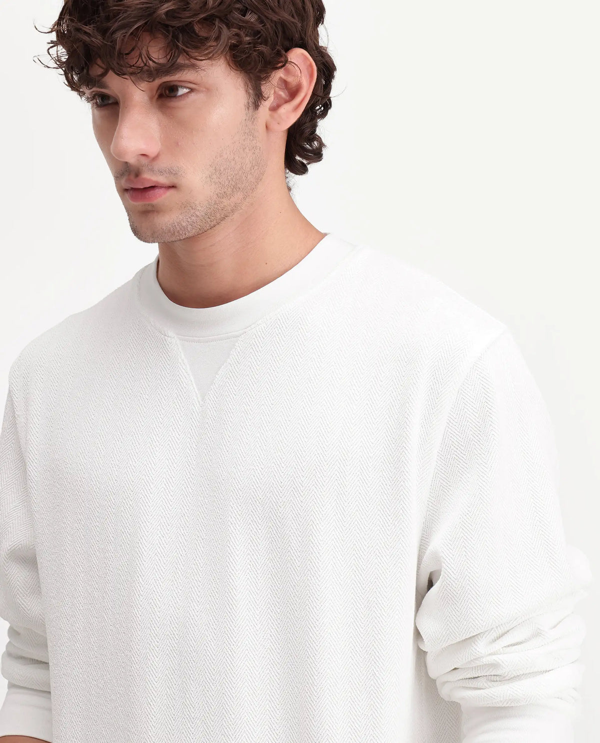 Rare Rabbit Men's Yargi Primary Off White Cotton Blend Crew Neck Regular Jacquard Sweatshirt