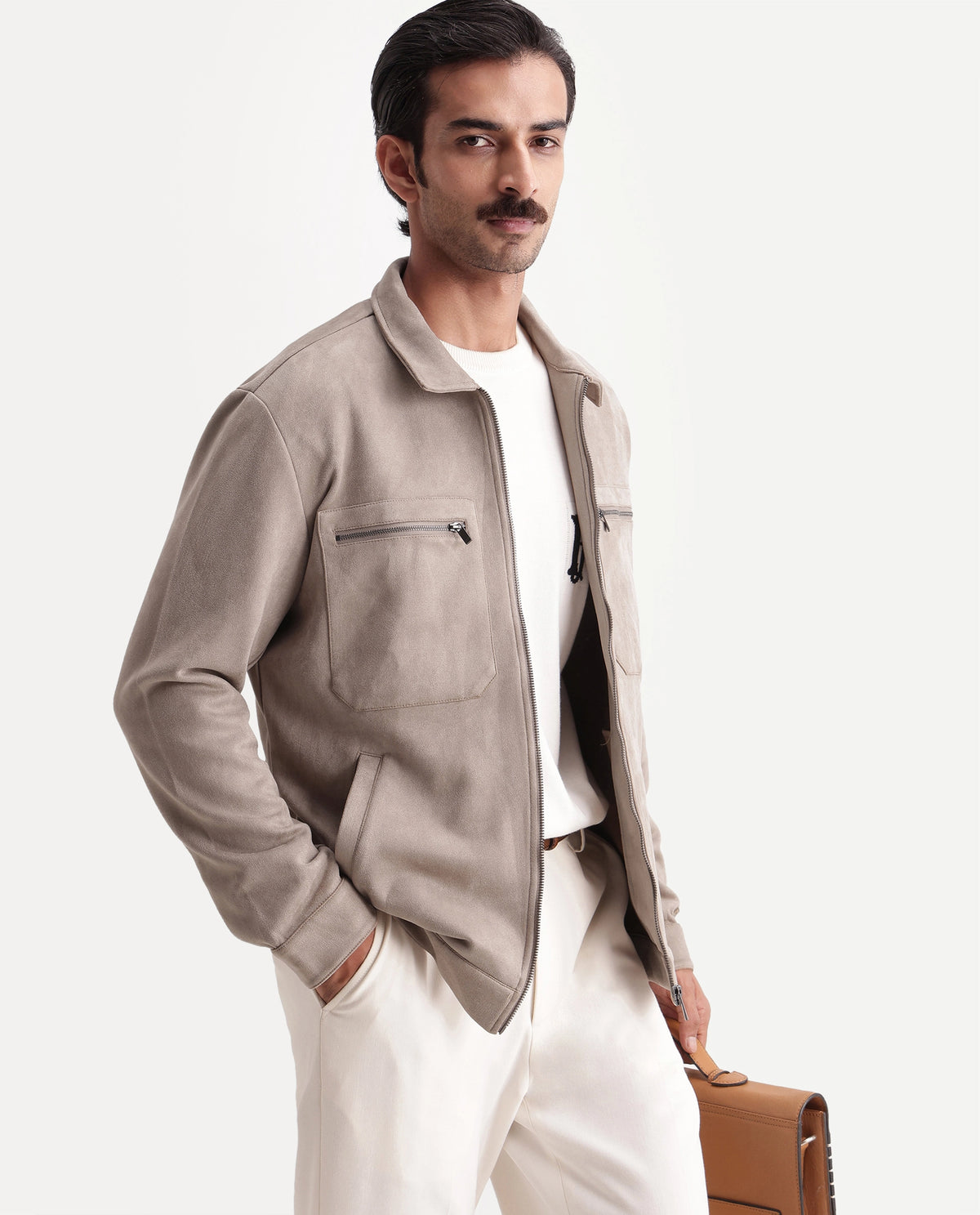 Rare Rabbit Men's Bax-26 Dark Beige Polyester Blend Spread Collar Zipper Regular Plain Jacket - image 1