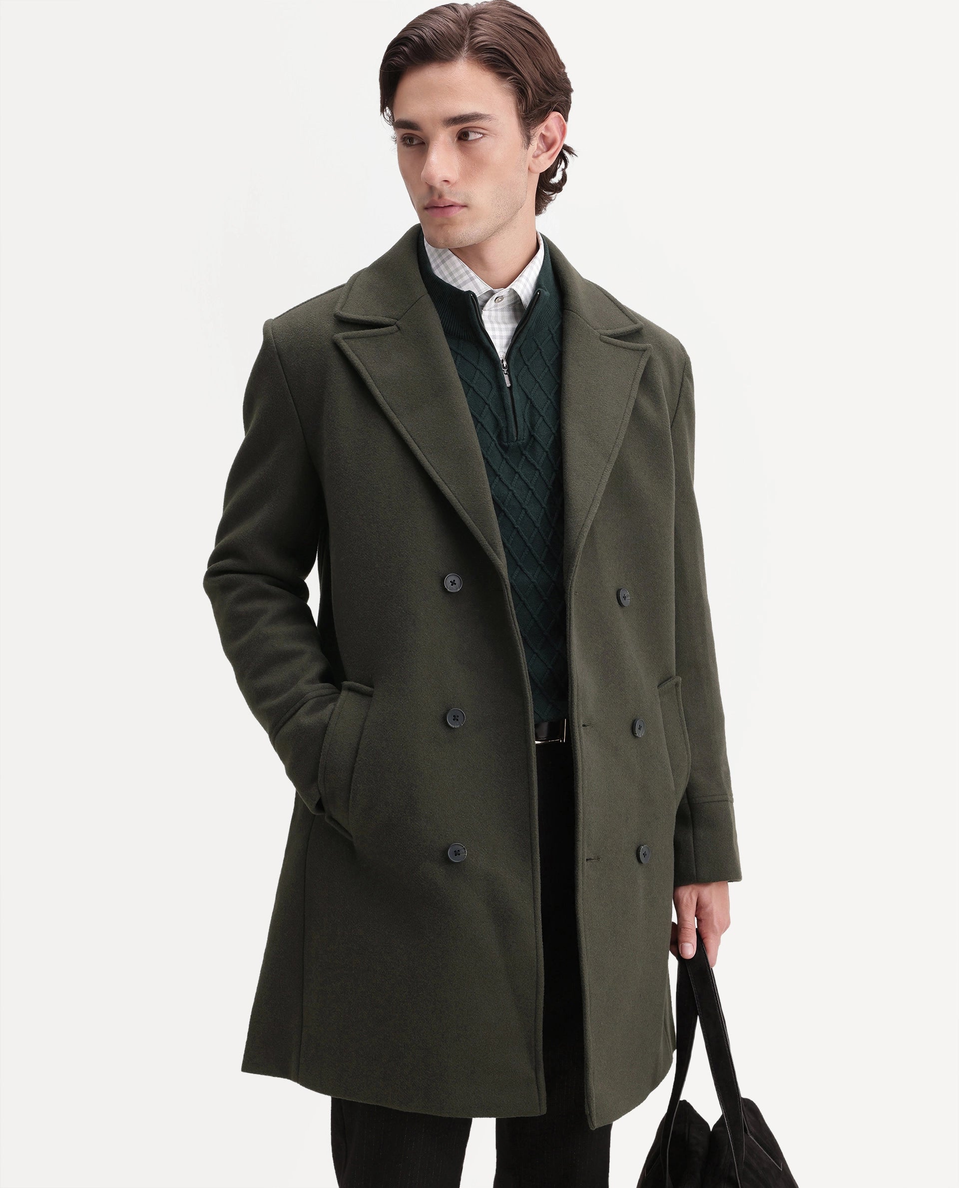 Rare Rabbit Men's Ryan Olive Polyester Blend Lapel Neck Button Regular Plain Jacket