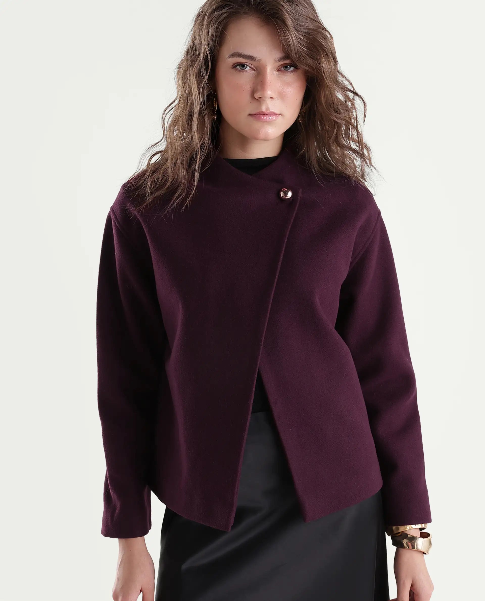 Rareism Women's Kyntra Dark Maroon Polyester Blend Over Lap Button Regular Plain Jacket