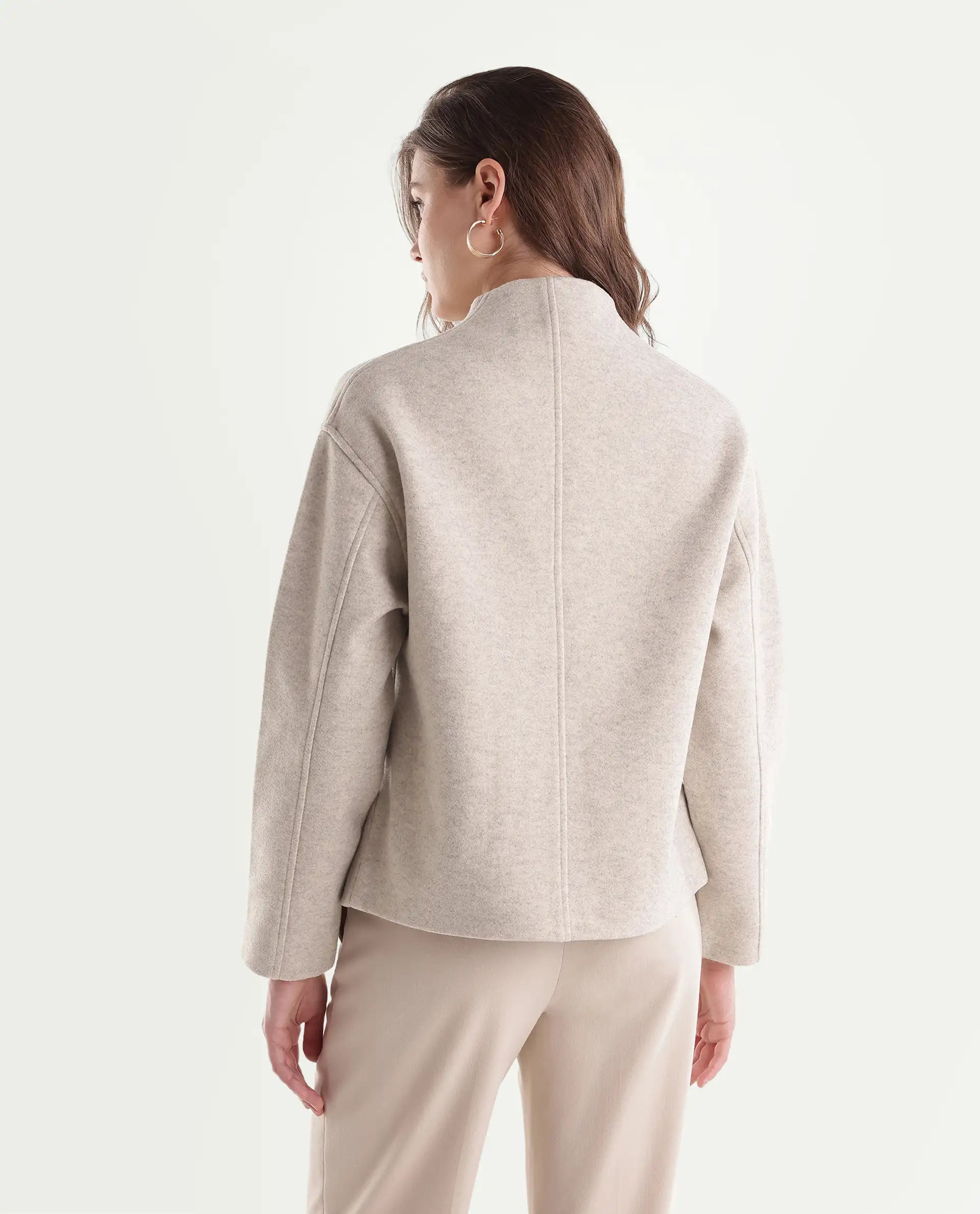 Rareism Women's Kyntra Beige Polyester Blend Over Lap Button Regular Plain Jacket
