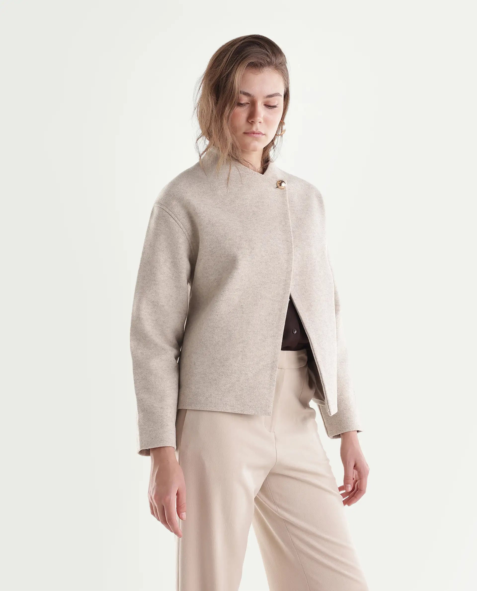 Rareism Women's Kyntra Beige Polyester Blend Over Lap Button Regular Plain Jacket