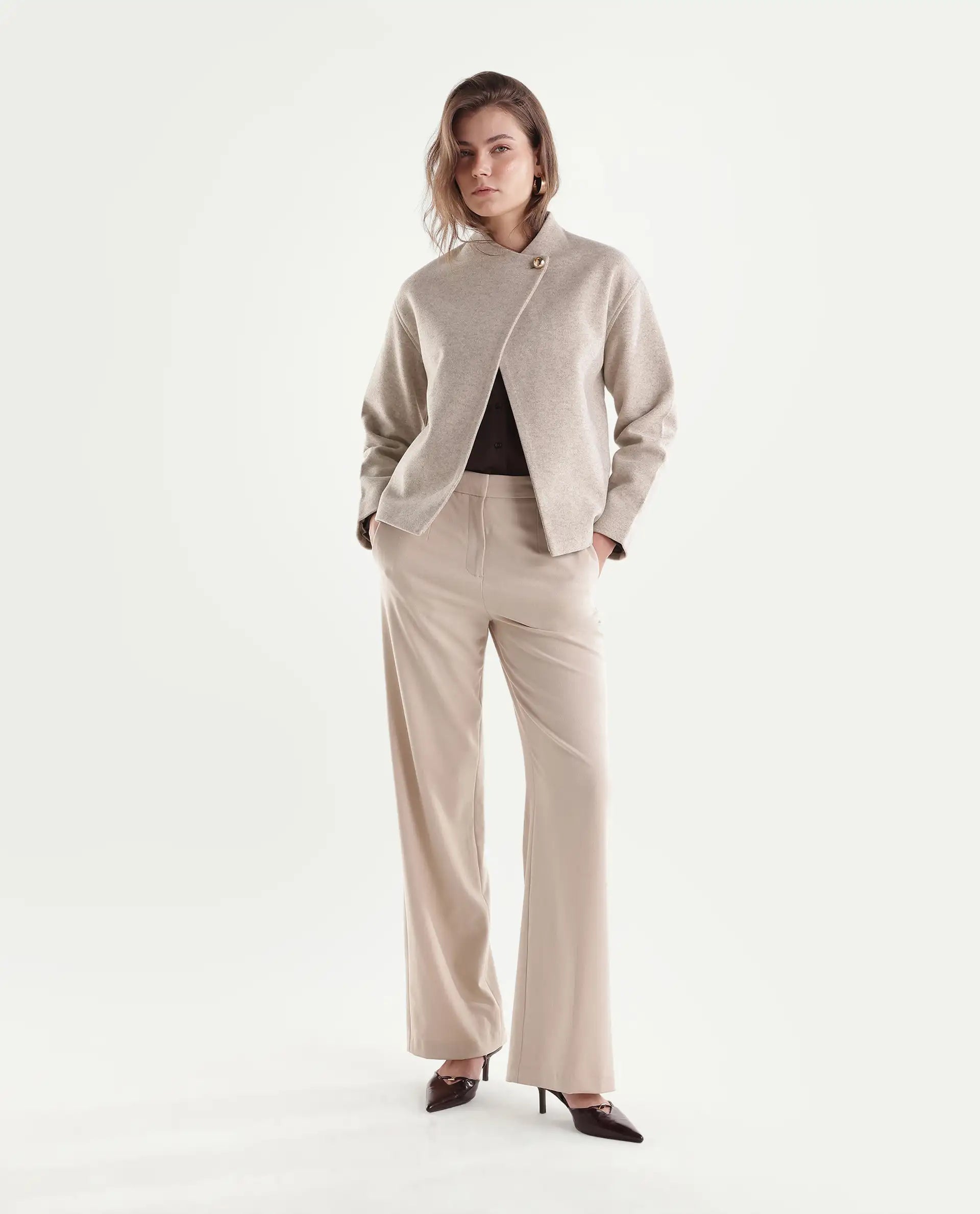 Rareism Women's Kyntra Beige Polyester Blend Over Lap Button Regular Plain Jacket