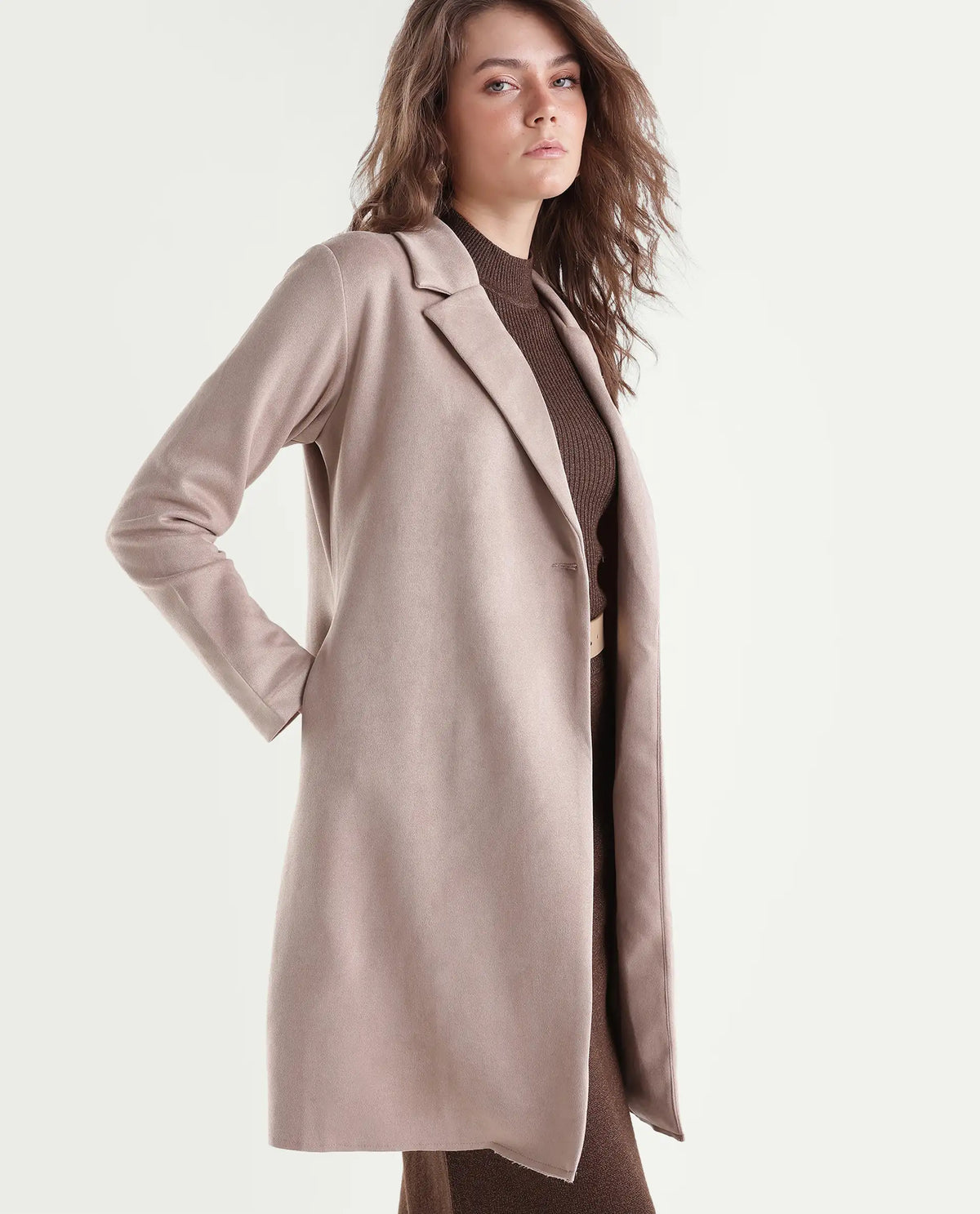 Rareism Women's Nizaraaw26 Beige Polyester Blend Lapel Neck Button Regular Plain Coat