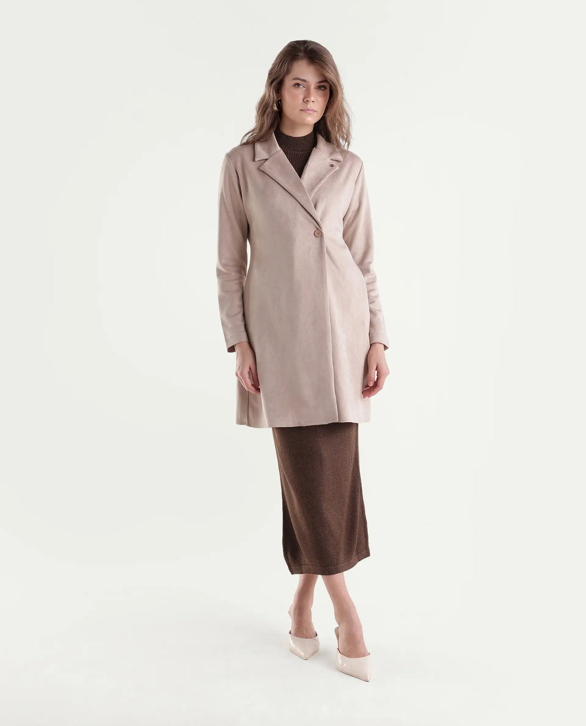 Rareism Women's Nizaraaw26 Beige Polyester Blend Lapel Neck Button Regular Plain Coat