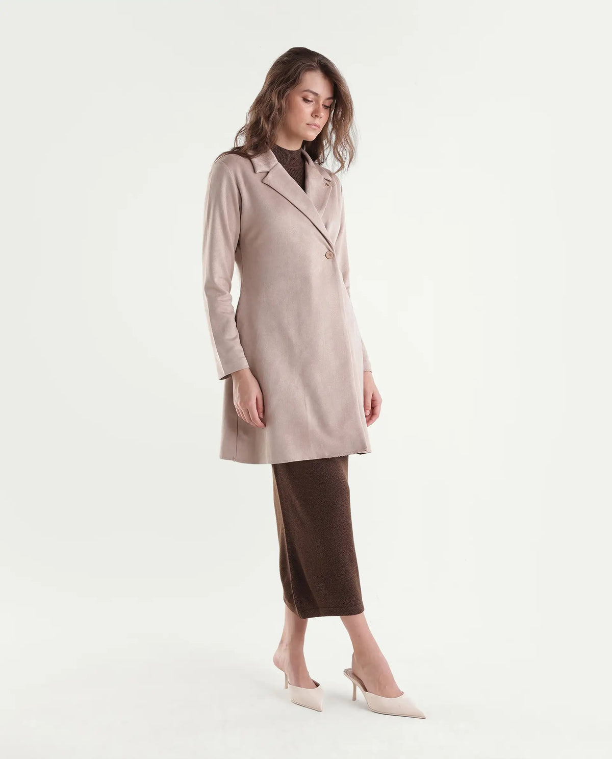 Rareism Women's Nizaraaw26 Beige Polyester Blend Lapel Neck Button Regular Plain Coat