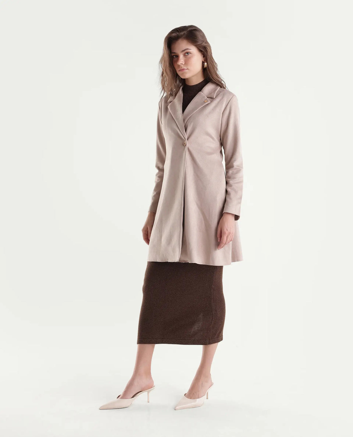 Rareism Women's Nizaraaw26 Beige Polyester Blend Lapel Neck Button Regular Plain Coat