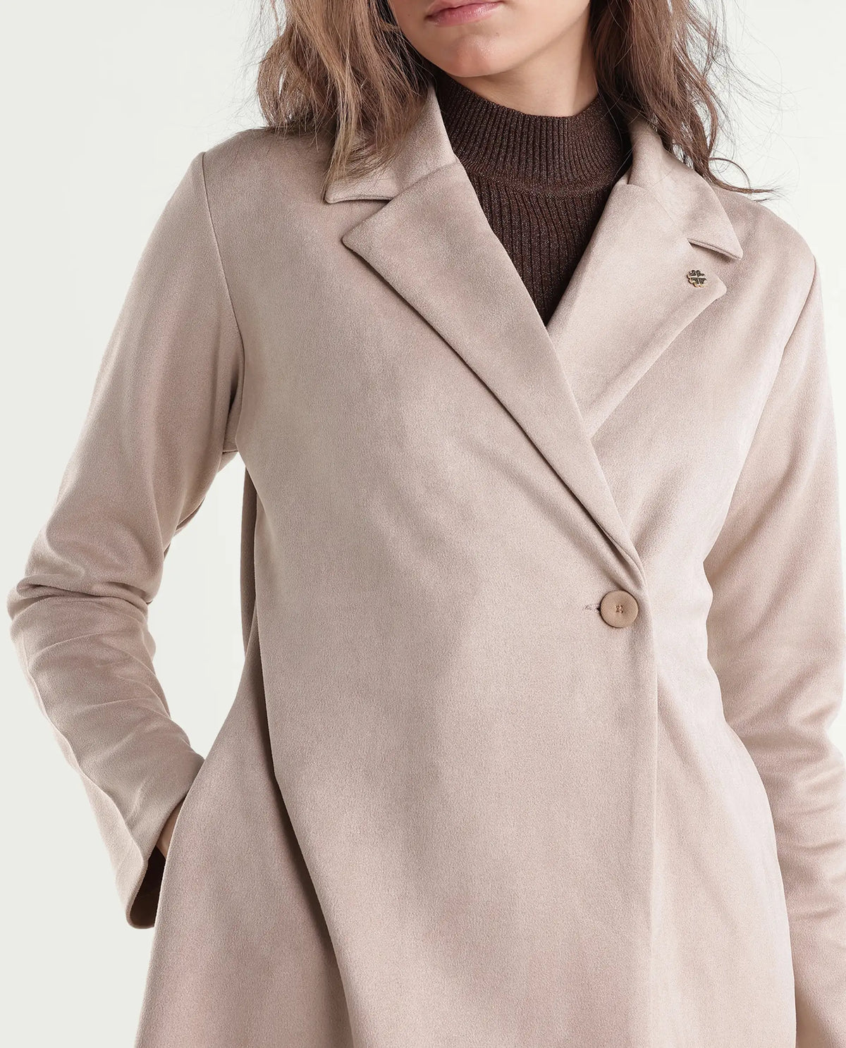 Rareism Women's Nizaraaw26 Beige Polyester Blend Lapel Neck Button Regular Plain Coat