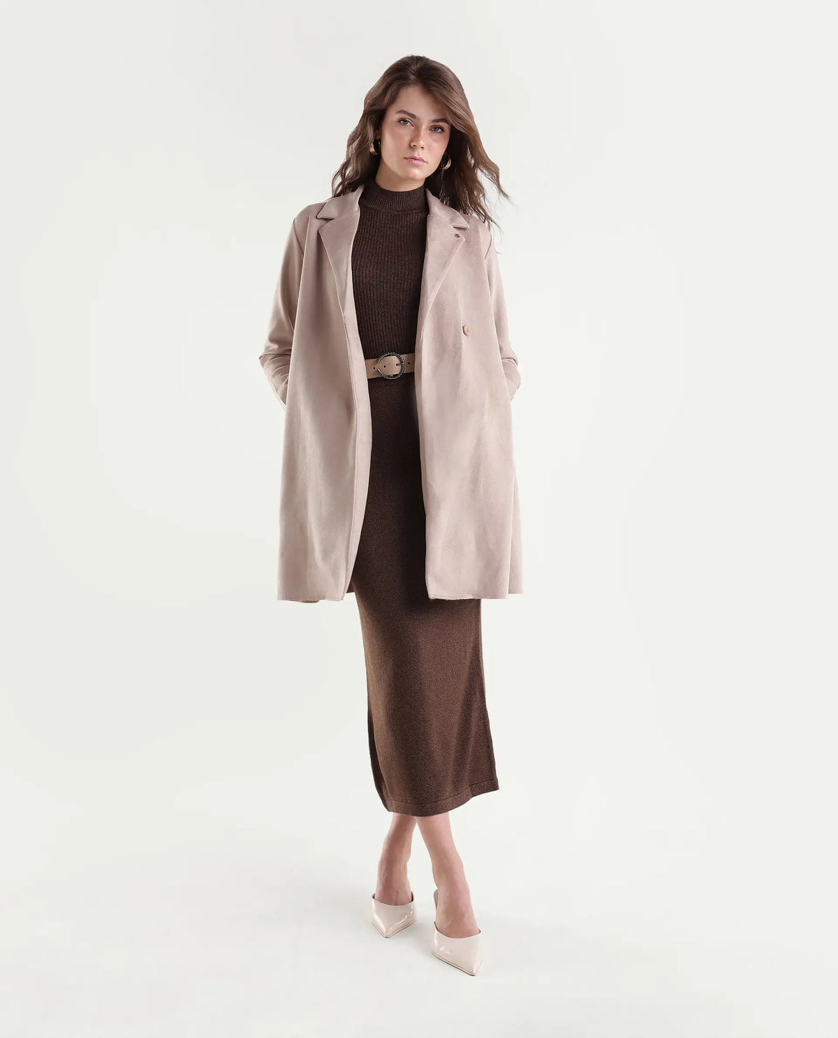 Rareism Women's Nizaraaw26 Beige Polyester Blend Lapel Neck Button Regular Plain Coat