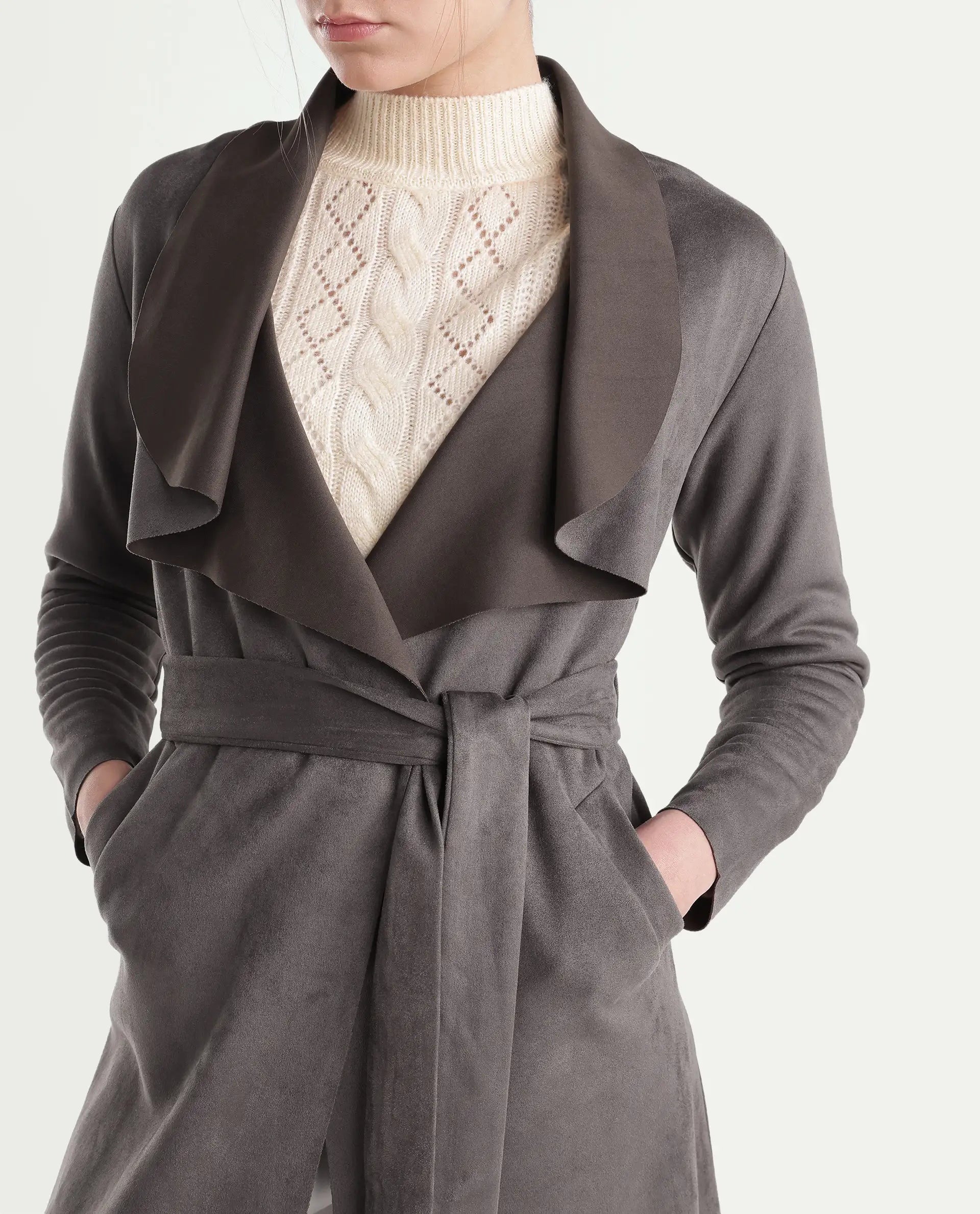 Rareism Women's Palmeraw26 Dusky Brown Polyester Blend Waterfall Relaxed Plain Coat