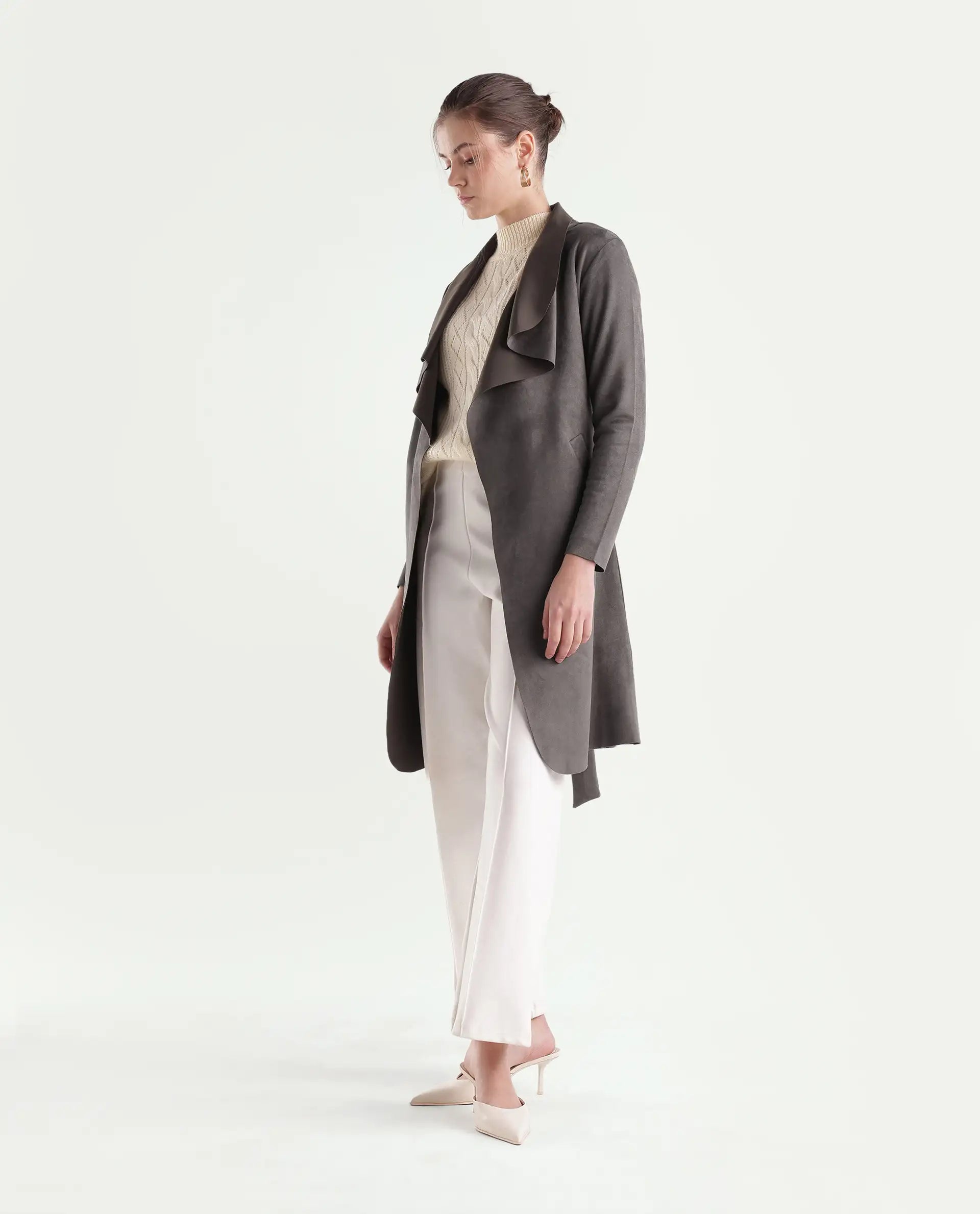 Rareism Women's Palmeraw26 Dusky Brown Polyester Blend Waterfall Relaxed Plain Coat