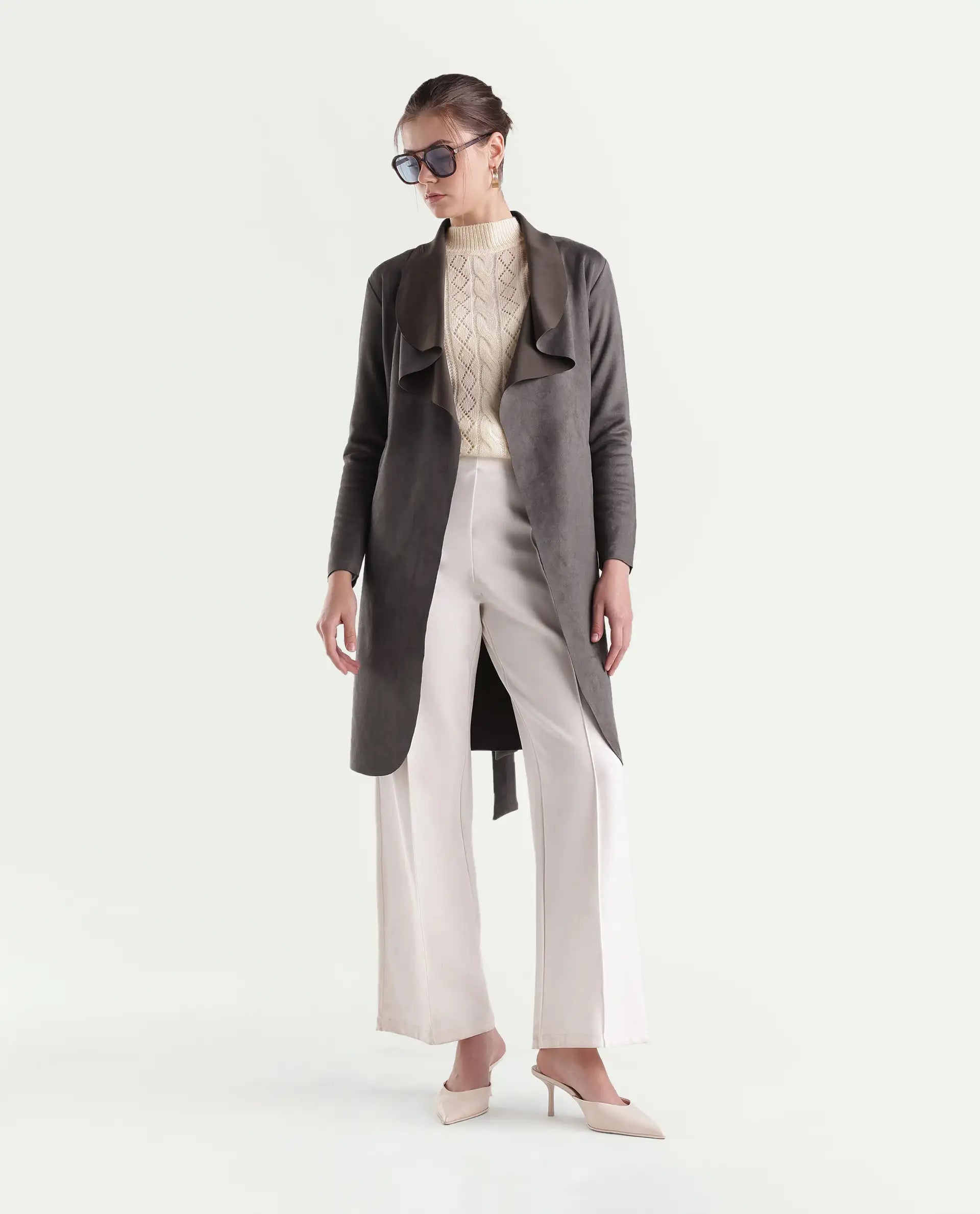 Rareism Women's Palmeraw26 Dusky Brown Polyester Blend Waterfall Relaxed Plain Coat