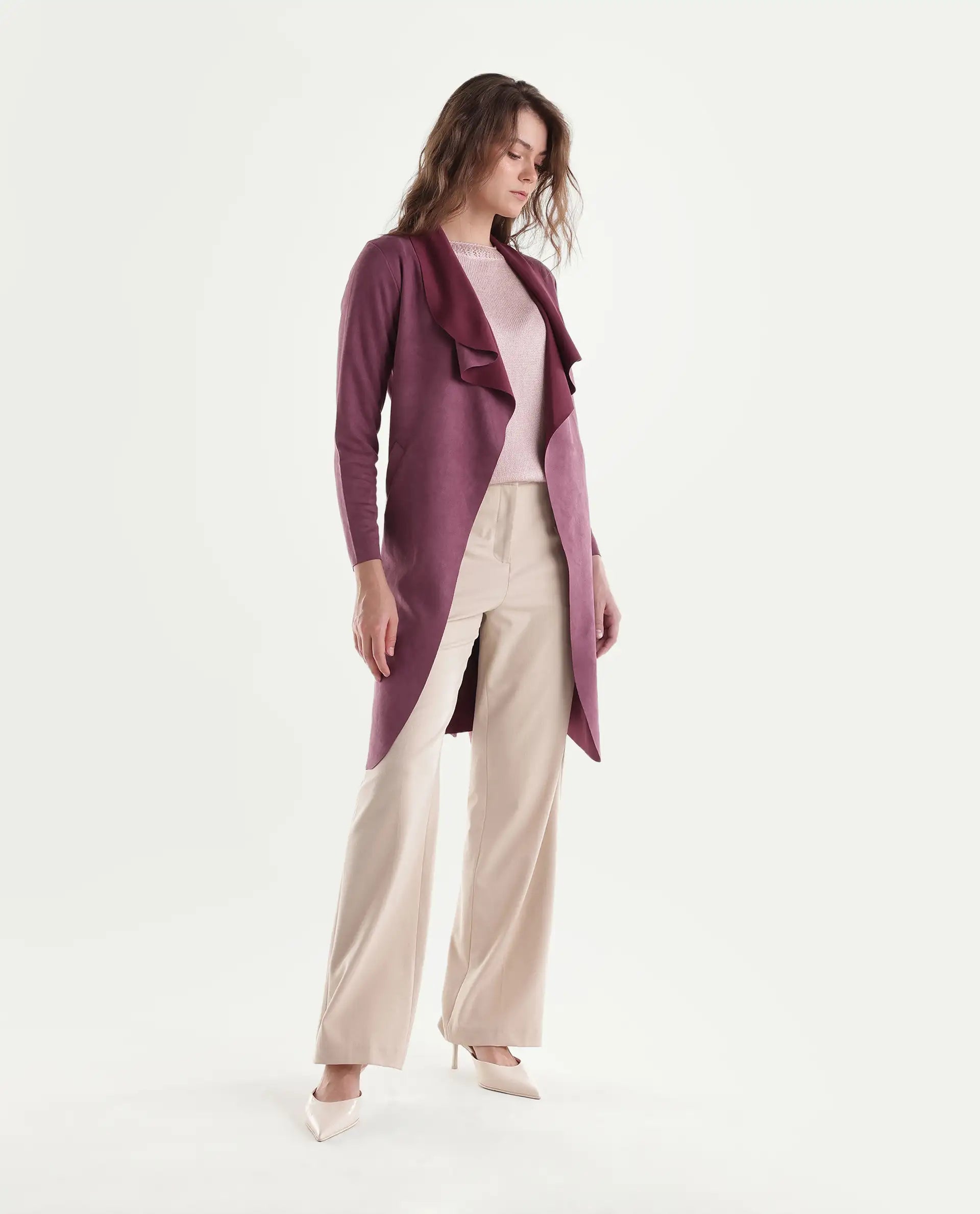 Rareism Women's Palmeraw26 Dark Pink Polyester Blend Waterfall Relaxed Plain Coat