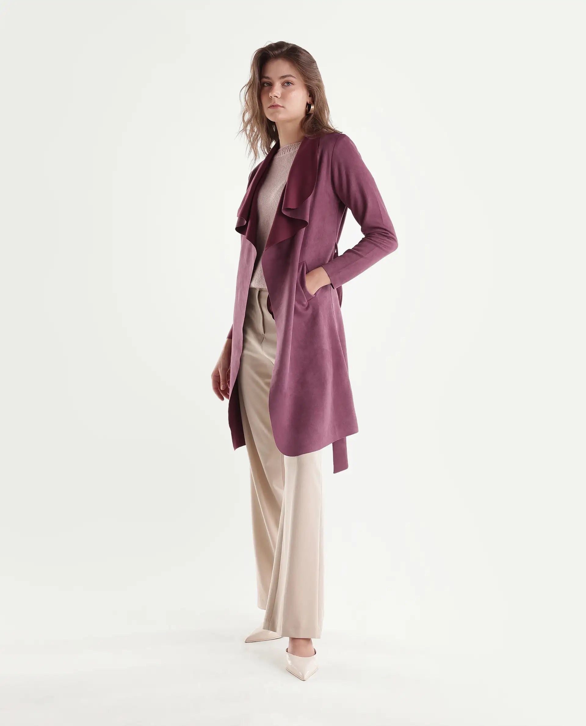 Rareism Women's Palmeraw26 Dark Pink Polyester Blend Waterfall Relaxed Plain Coat
