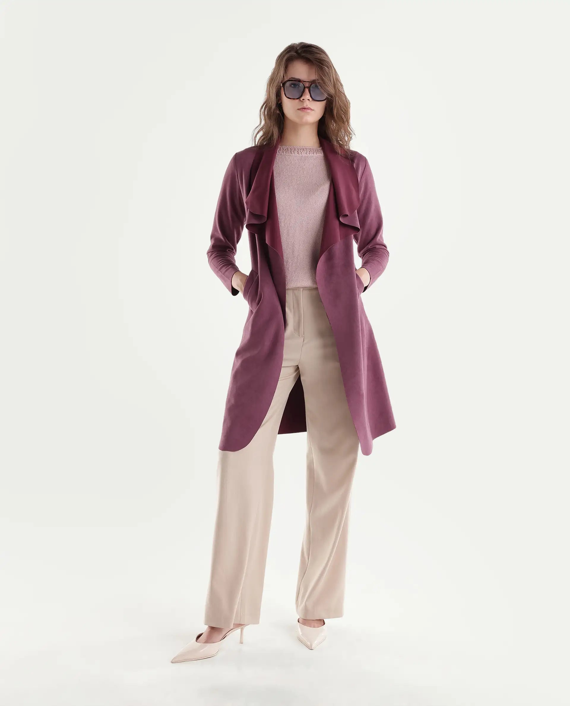 Rareism Women's Palmeraw26 Dark Pink Polyester Blend Waterfall Relaxed Plain Coat