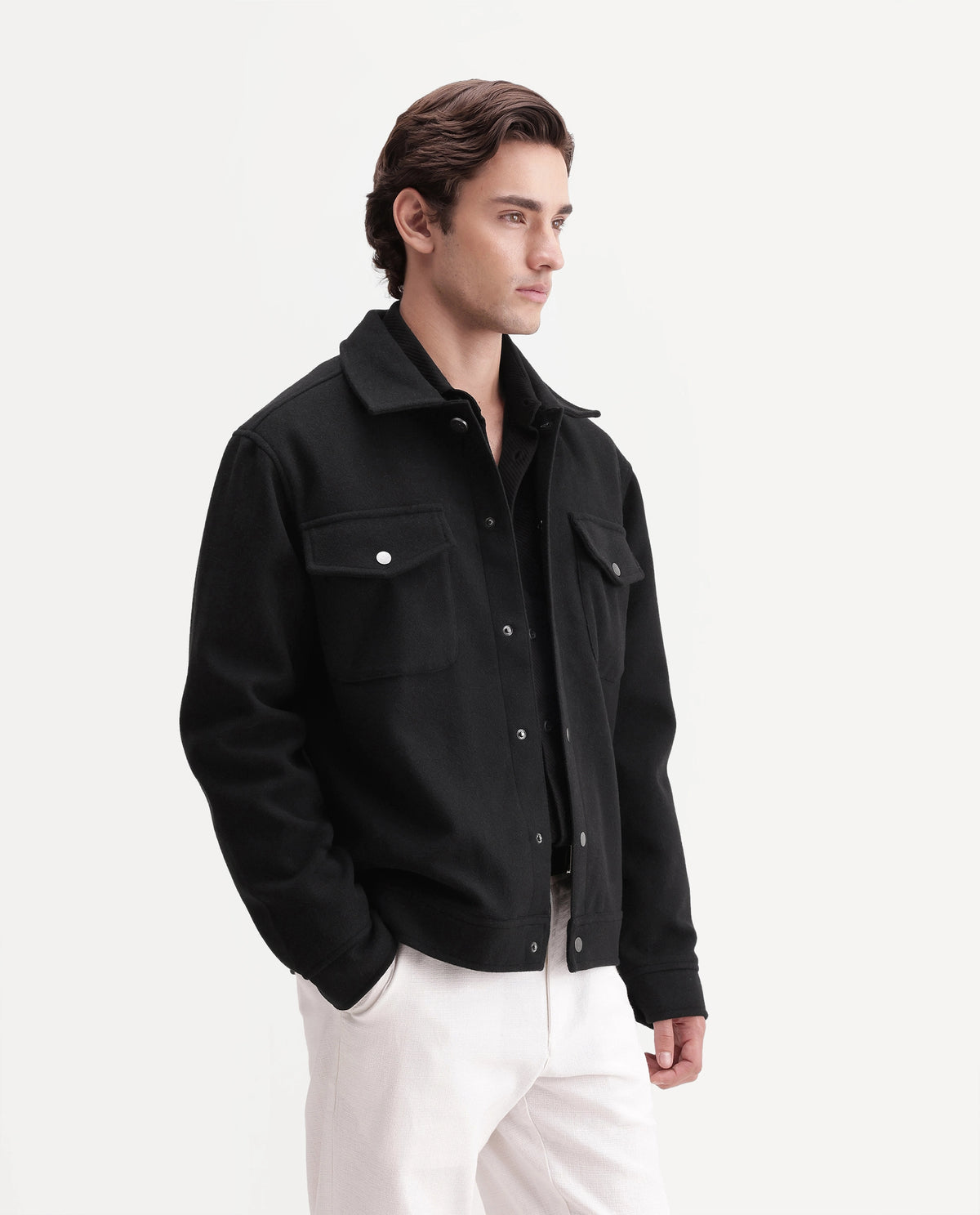 Rare Rabbit Men's Tweedo-26 Black Polyester Spread Collar Snap Regular Plain Jacket