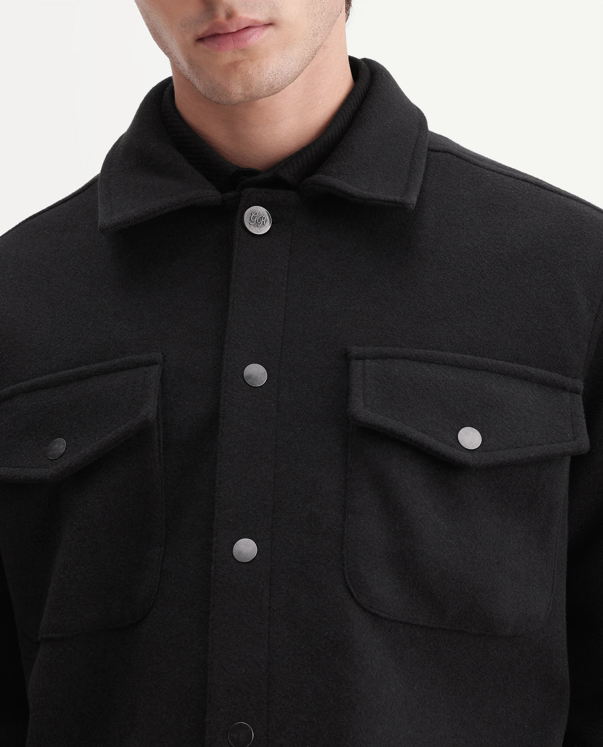 Rare Rabbit Men's Tweedo-26 Black Polyester Spread Collar Snap Regular Plain Jacket