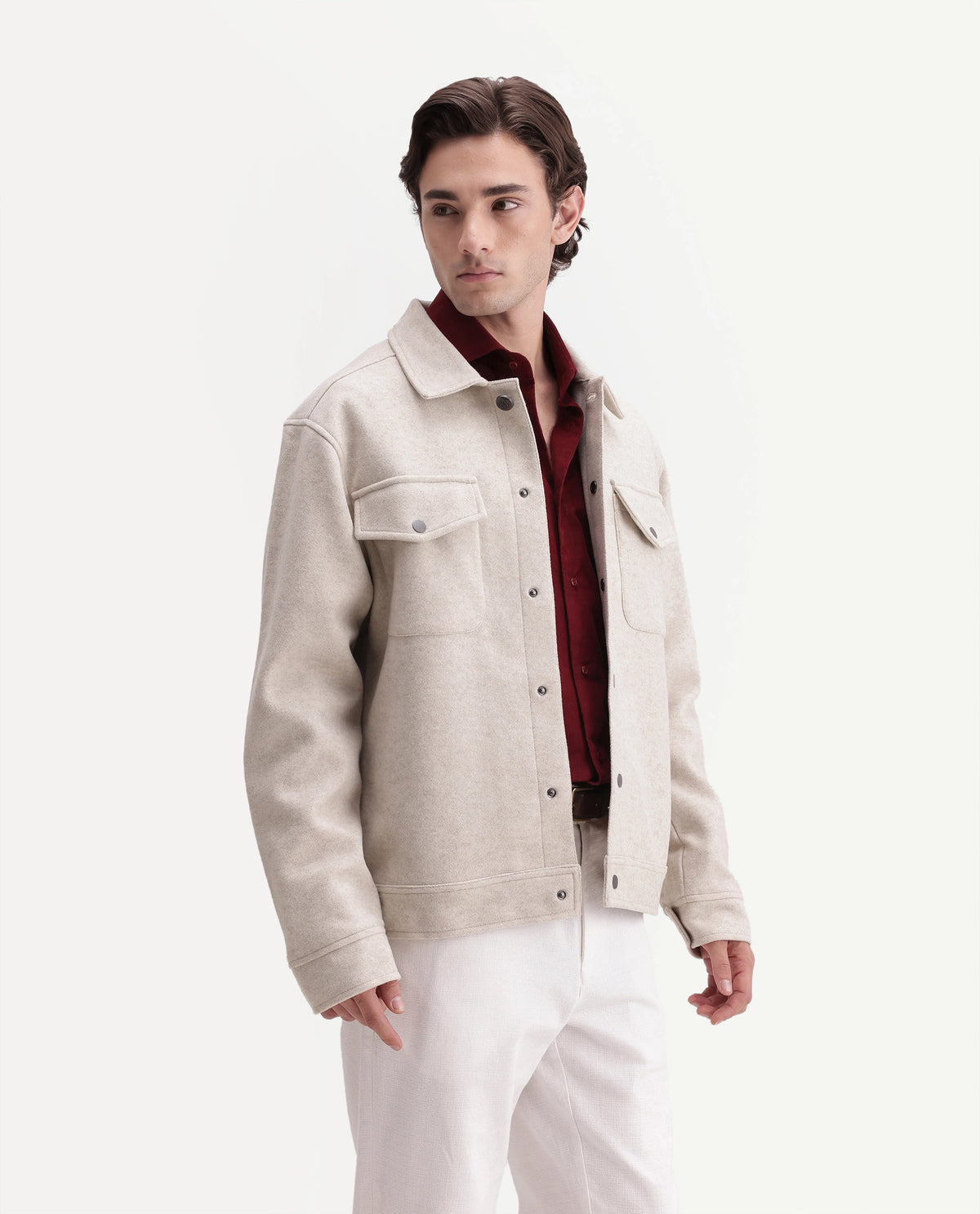 Rare Rabbit Men's Tweedo-26 Dark Beige Polyester Spread Collar Snap Regular Plain Jacket