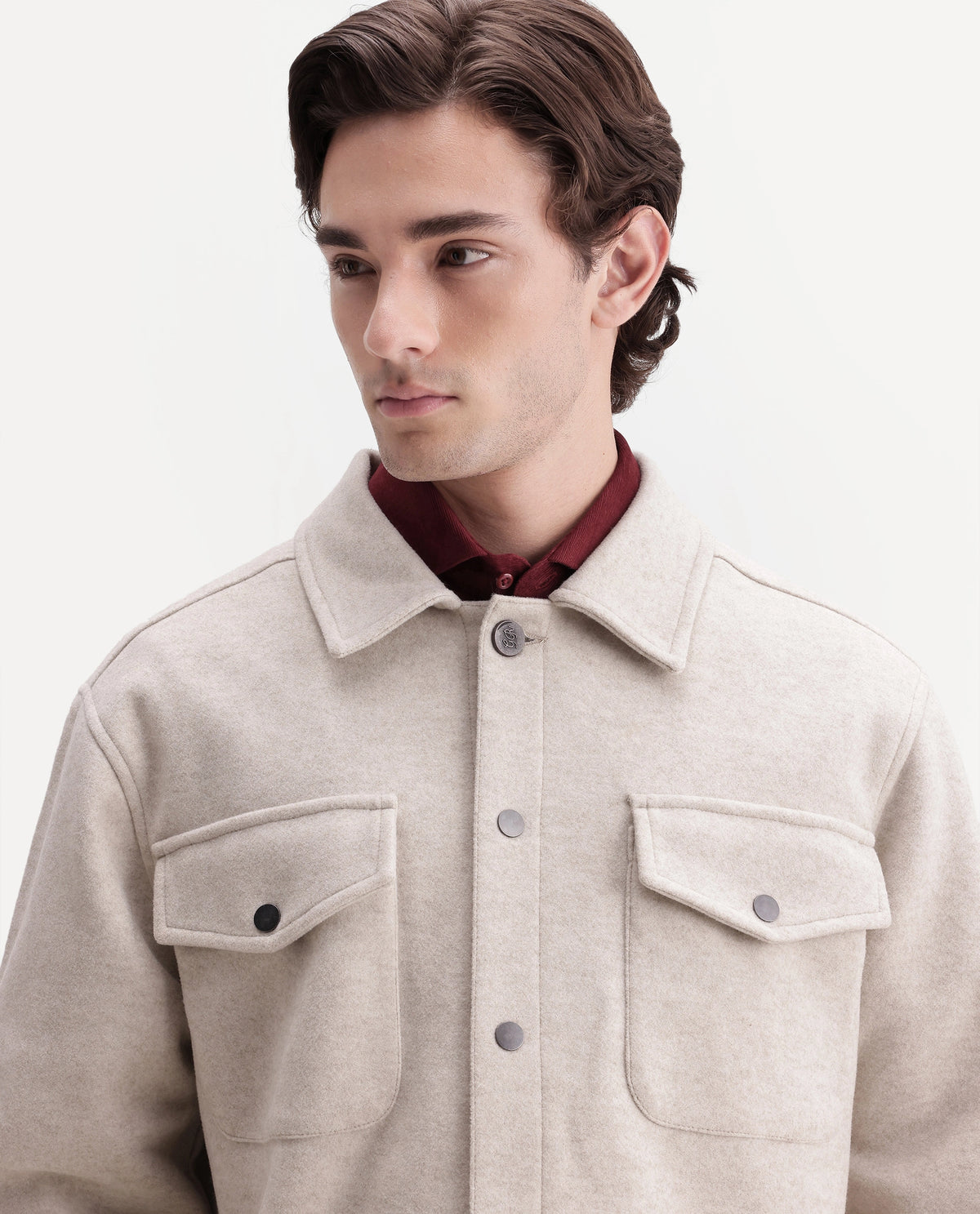 Rare Rabbit Men's Tweedo-26 Dark Beige Polyester Spread Collar Snap Regular Plain Jacket