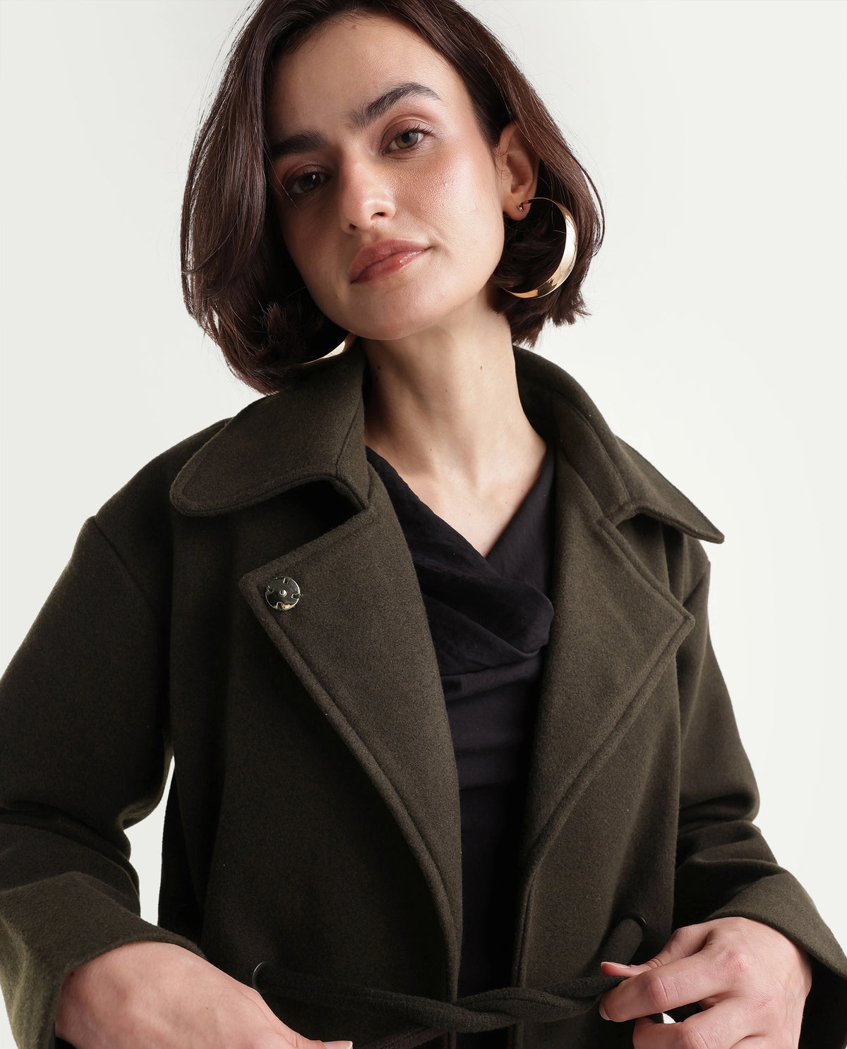 Rareism Women's Nittizaw26 Olive Polyester Blend Lapel Neck Snap Button Regular Plain Jacket - image 7