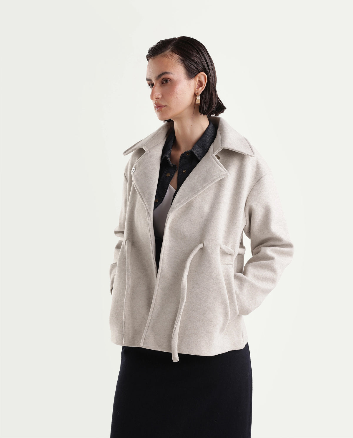 Rareism Women's Nittizaw26 Off White Polyester Blend Lapel Neck Snap Button Regular Plain Jacket - image 5