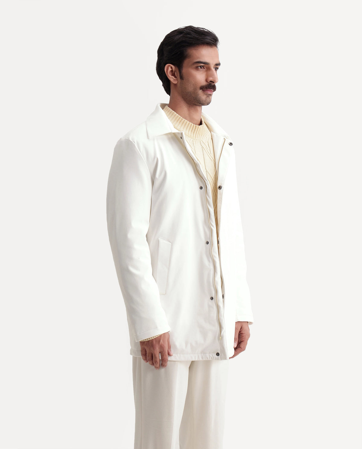Rare Rabbit Men's Liemo Off White Polyester Spread Collar Snap Button Regular Plain Coat - image 5