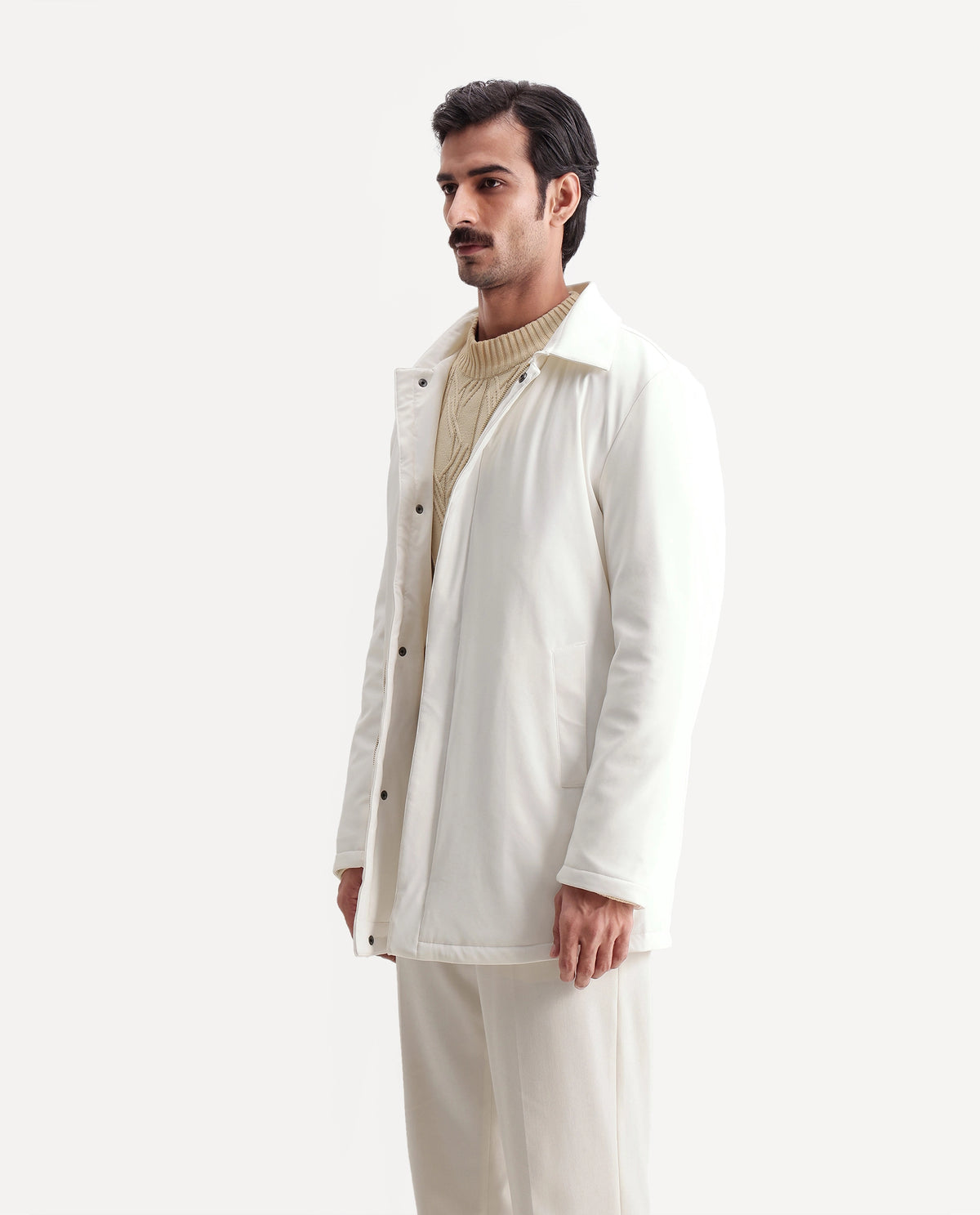 Rare Rabbit Men's Liemo Off White Polyester Spread Collar Snap Button Regular Plain Coat - image 6