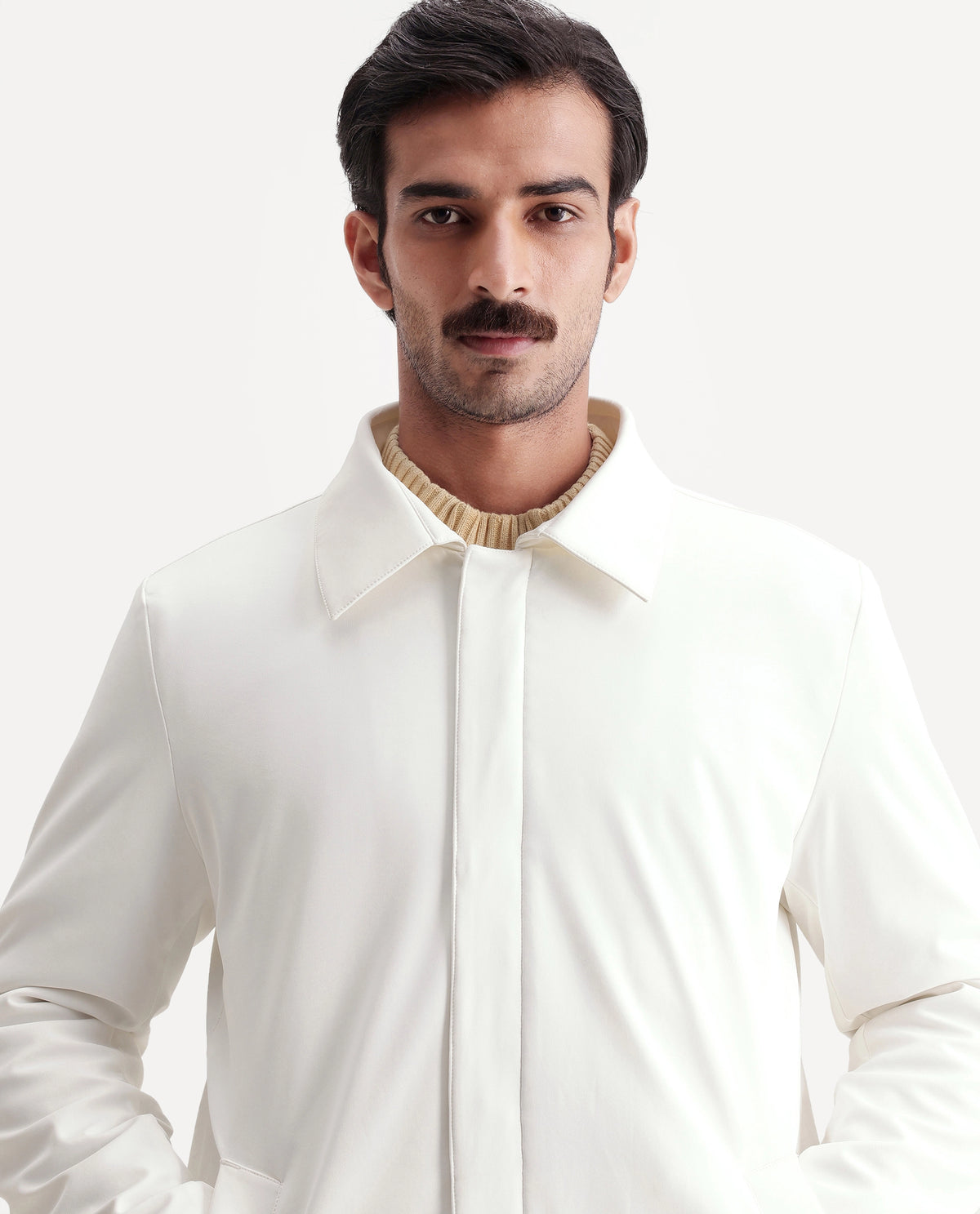 Rare Rabbit Men's Liemo Off White Polyester Spread Collar Snap Button Regular Plain Coat - image 3