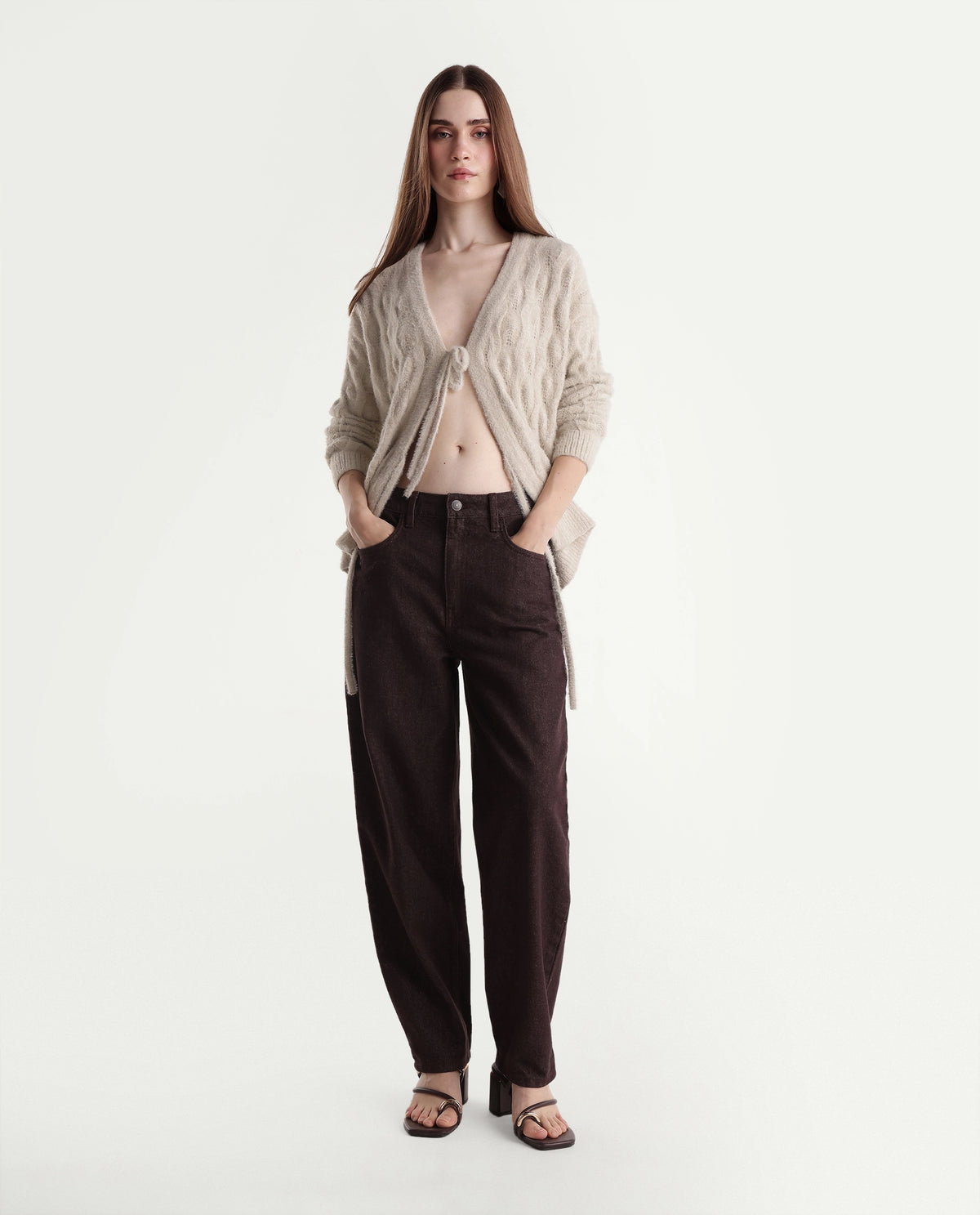 Rareism Women's Barol-6 Brown Cotton Shank And Zipper Ankle Barrel Plain Jeans - image 6